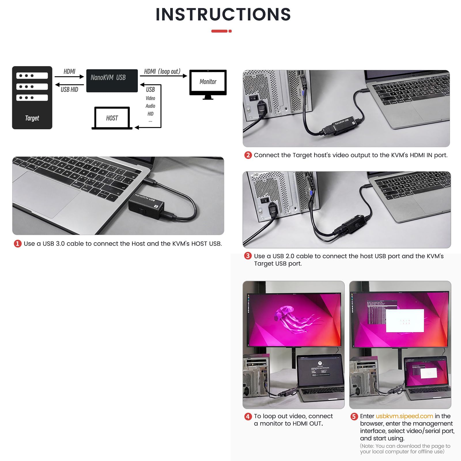 youyeetoo Sipeed NanoKVM-USB, KVM USB 4K, pour gestion des périphériques sans tête, pour serveur/SBC, facile à utiliser et à entretenir, outil de collaboration multi-appareils (Tool Kit Package, noir)