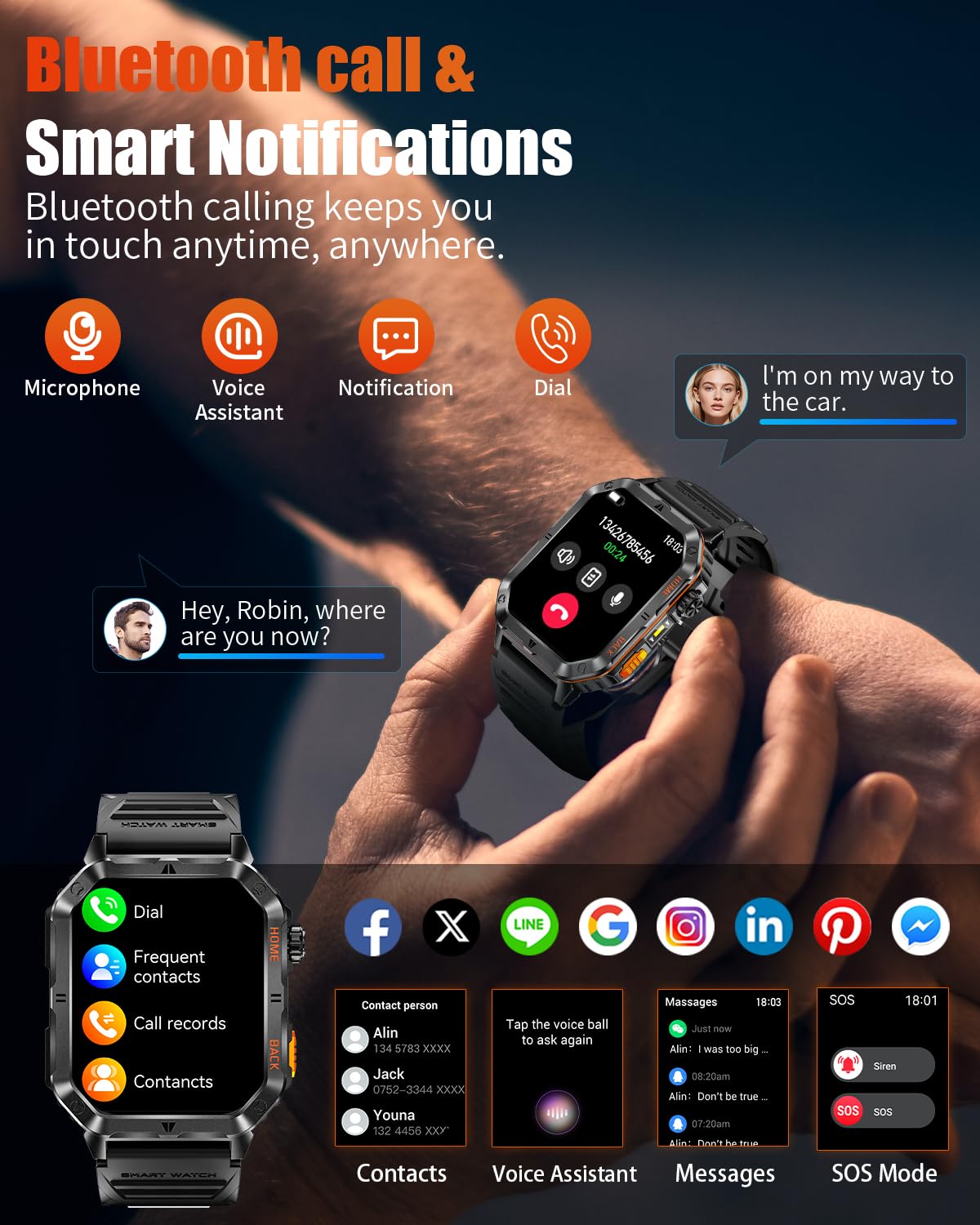 Military Smart Watch for Men, 2.01'' Fitness Tracker with 1200mAh Long Battery Life, Bluetooth Calls, Flashlight, IP68 Waterproof, Heart Rate/Sleep Tracking, 100+ Sports Modes for Android iPhone