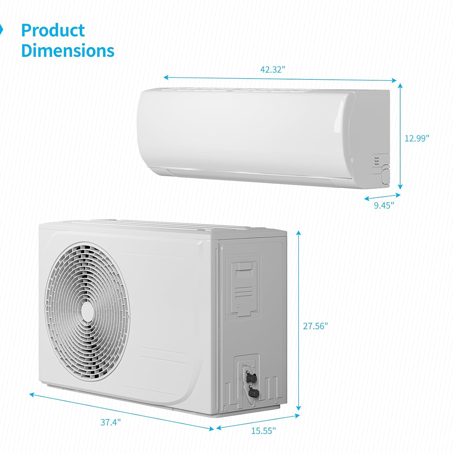 Diagram showing product dimensions of both indoor and outdoor units