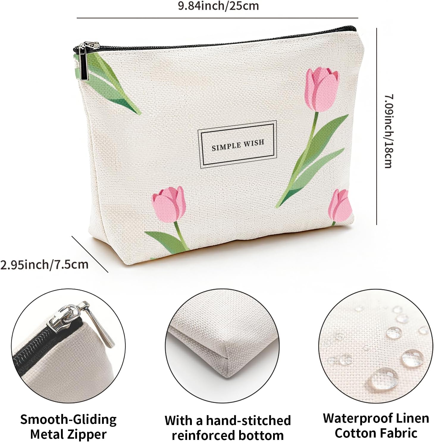 Floral Makeup Bag, Tulips Cosmetic Bags for Women, Cute Makeup Bag, Large Capacity Aesthetic Travel Cosmetic Pouch for Purse Portable Zipper Skincare Storage Organizer