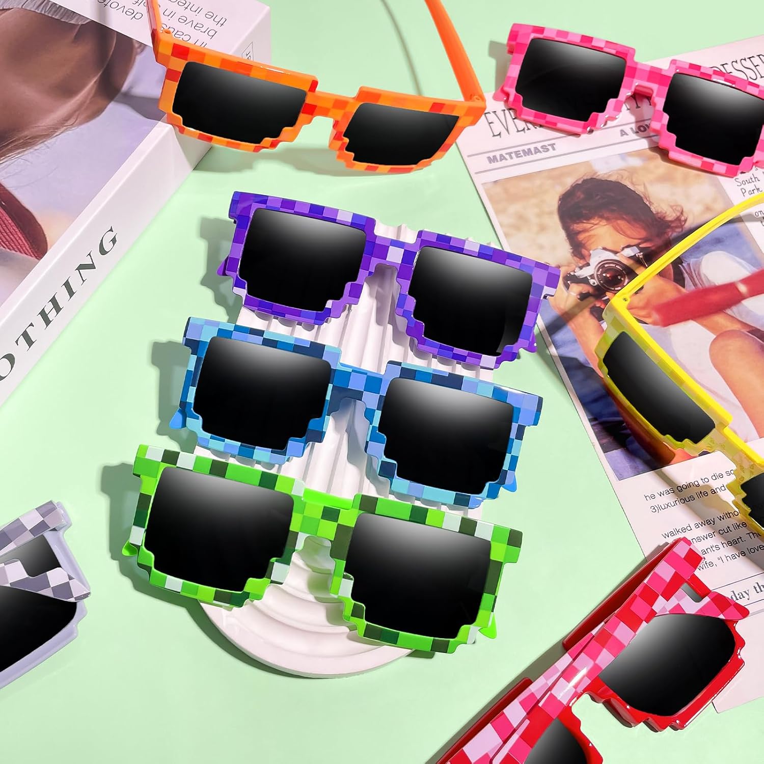 Pibupibu 24 Pack Pixel Sunglasses, Miner Party Pixel Glasses for Adults, Gamer Robot Pixelated Sunglasses Birthday Party Supplies