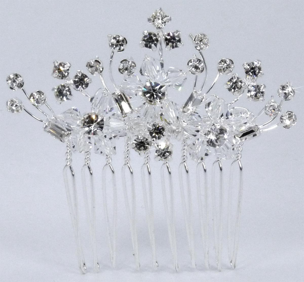 Sparkling Crystal Flower Comb Adorned with Baguette and Round rhinestone for Bridal, Wedding, Prom, Quinceañera or Other Special Occasions #91FJcs