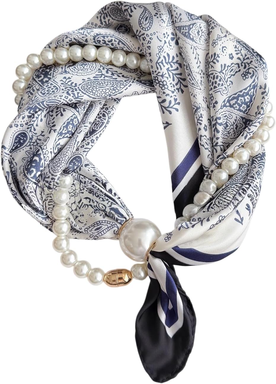 Silk Scarf Necklace forWoman Trendy Black and white Pearl Neck Scarf Necklace with Charm Formal Costume Prom Jewelry Gift