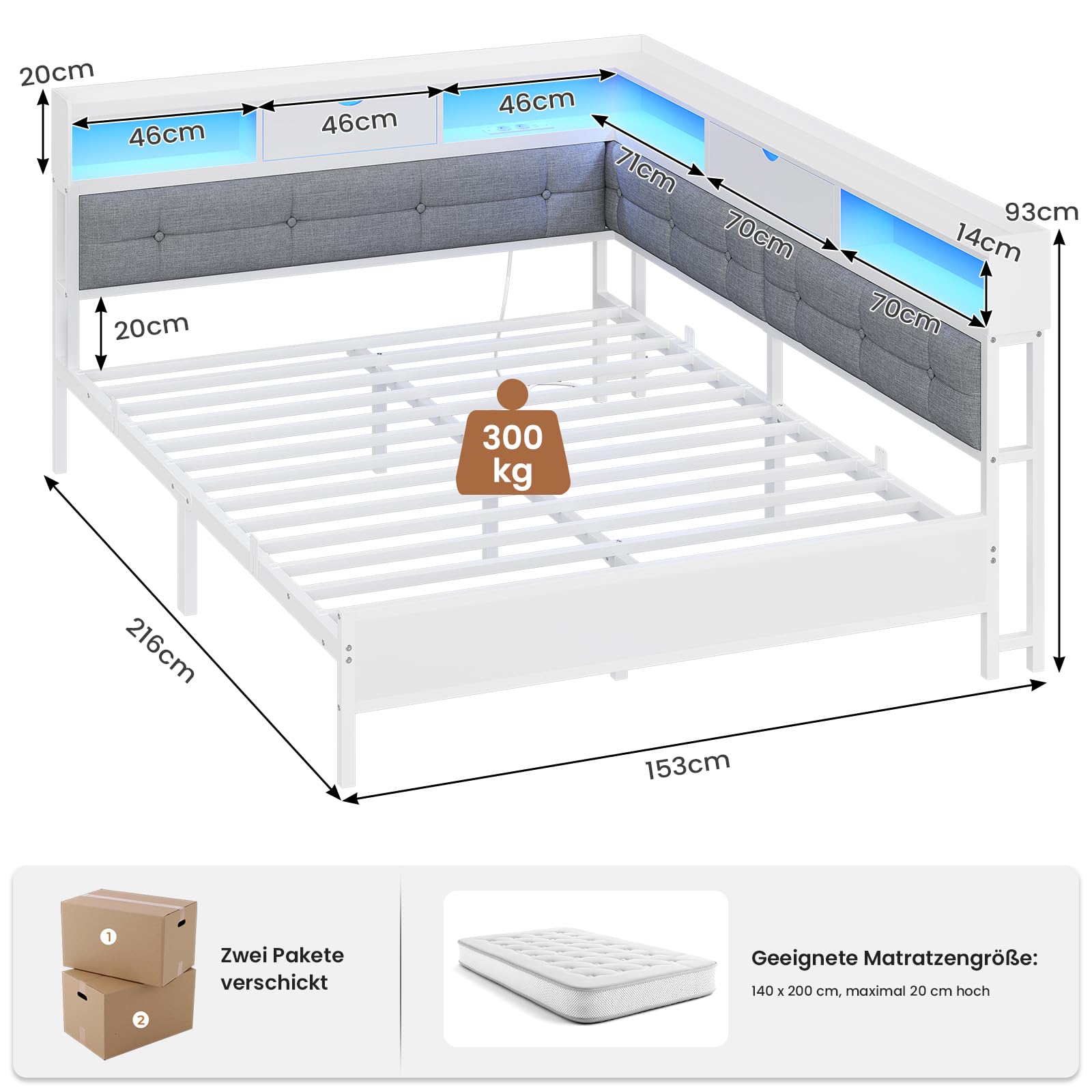 AOGLLATI Polsterbett Schlafsofa 140x200 mit 6 Staufächern Jugendbett 140x200 mit LED-Beleuchtung Tagesbett mit Steckdosen Gästebett Bettgestell mit Lattenrost aus Metall, Ohne Matratze (Weiß)