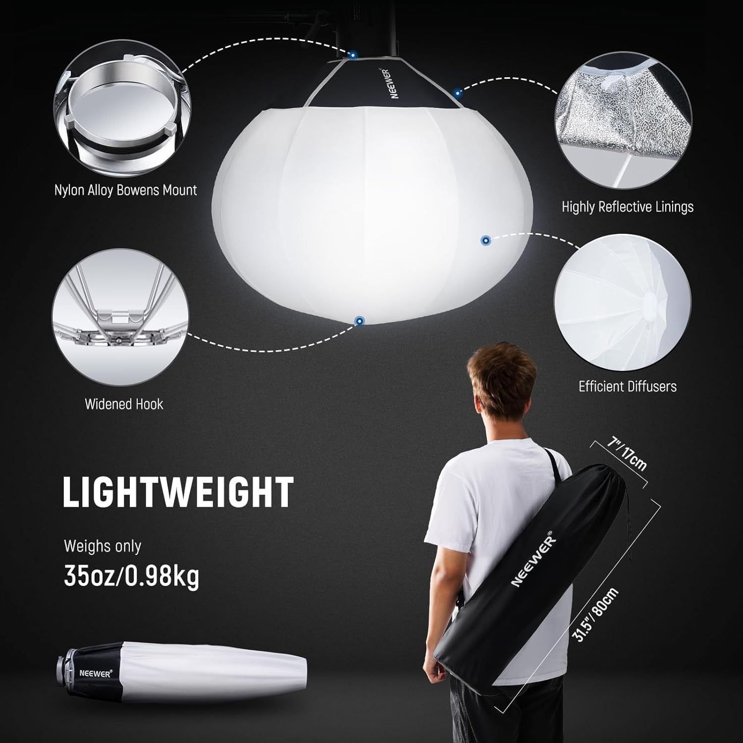 NEEWER Basics latarnia Softbox, 26", szybkozłączka, dyfuzor światła 360°, uchwyt Bowens Mount nylon, miękkie pudełko do ciągłego światła LED, do studia fotograficznego, nagrywania wideo, streamingu