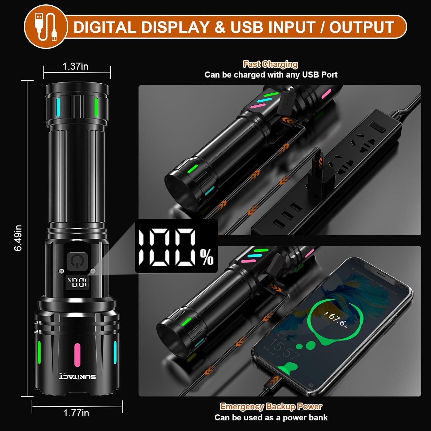Sunitact flashlight connected to a USB charger, showing the digital display and charging indicator.