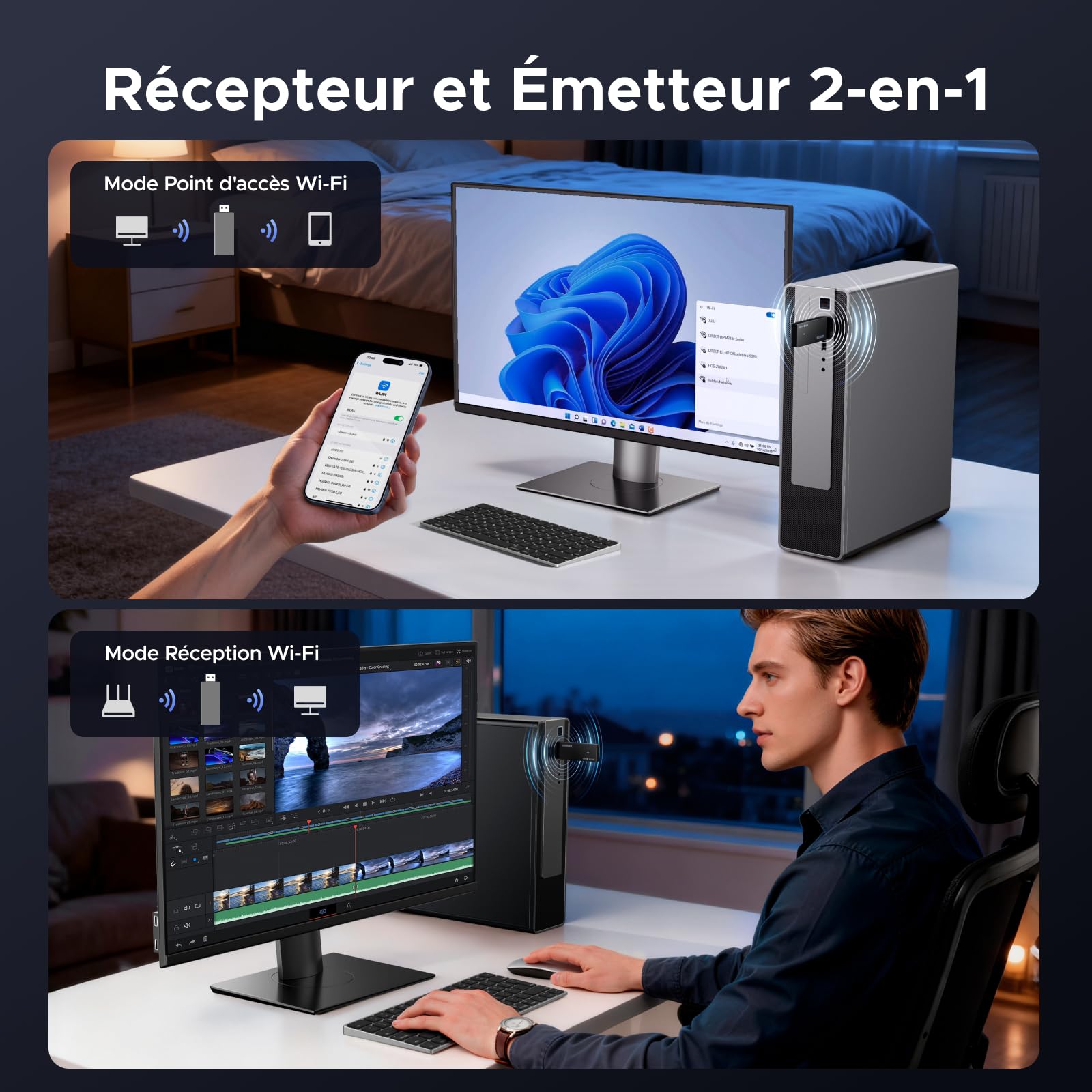 UGREEN Clé WiFi 6 AX1800 Puissante Adaptateur USB sans Fil Double Bande 5GHz 2.4GHz Dongle USB WiFi Réseau Soft AP Mode Cryptage WPA3 Pilote Intégré pour PC Laptop Compatible avec Windows 11 10