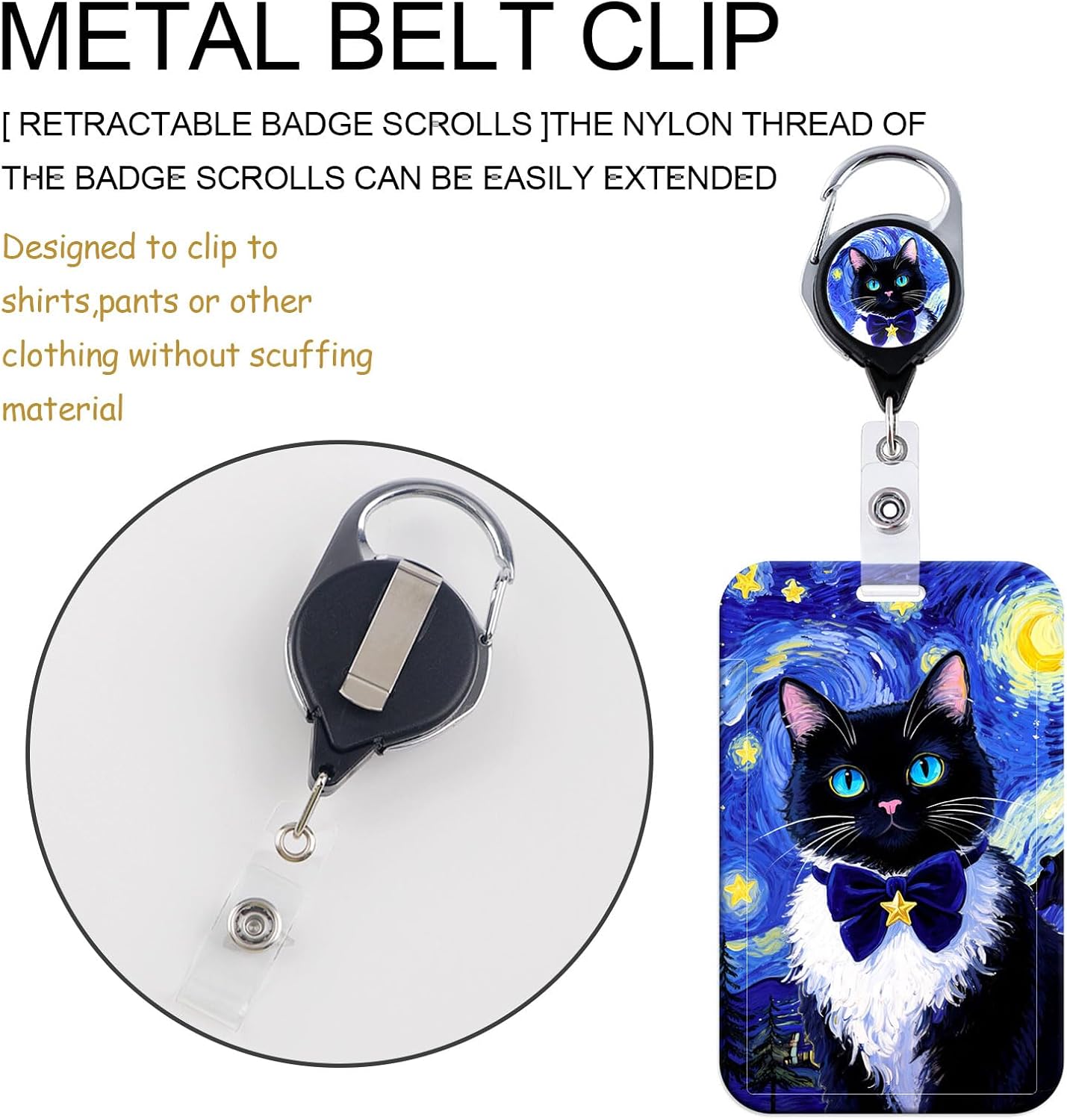 Van Gogh Starry Night Cat Badge Holder ID Card Lanyard with Carabiner, Cute Animal Print Retractable Reel Clip with Keychain for Work, School, Office, Kids, Women, Teacher image 5