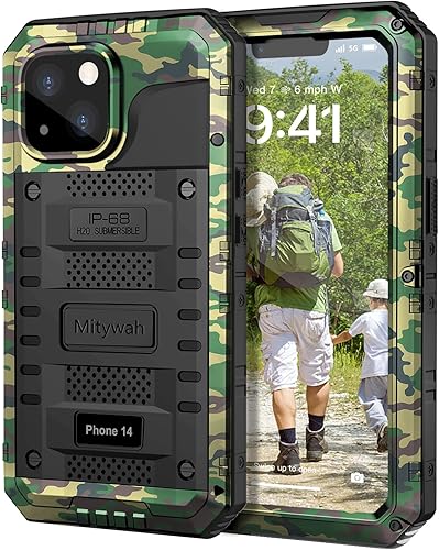 Miniatura 20 de Mitywah Funda impermeable para iPhone 14, resistente a prueba de golpes, con protector de pantalla integrado, funda de metal de protección submarina