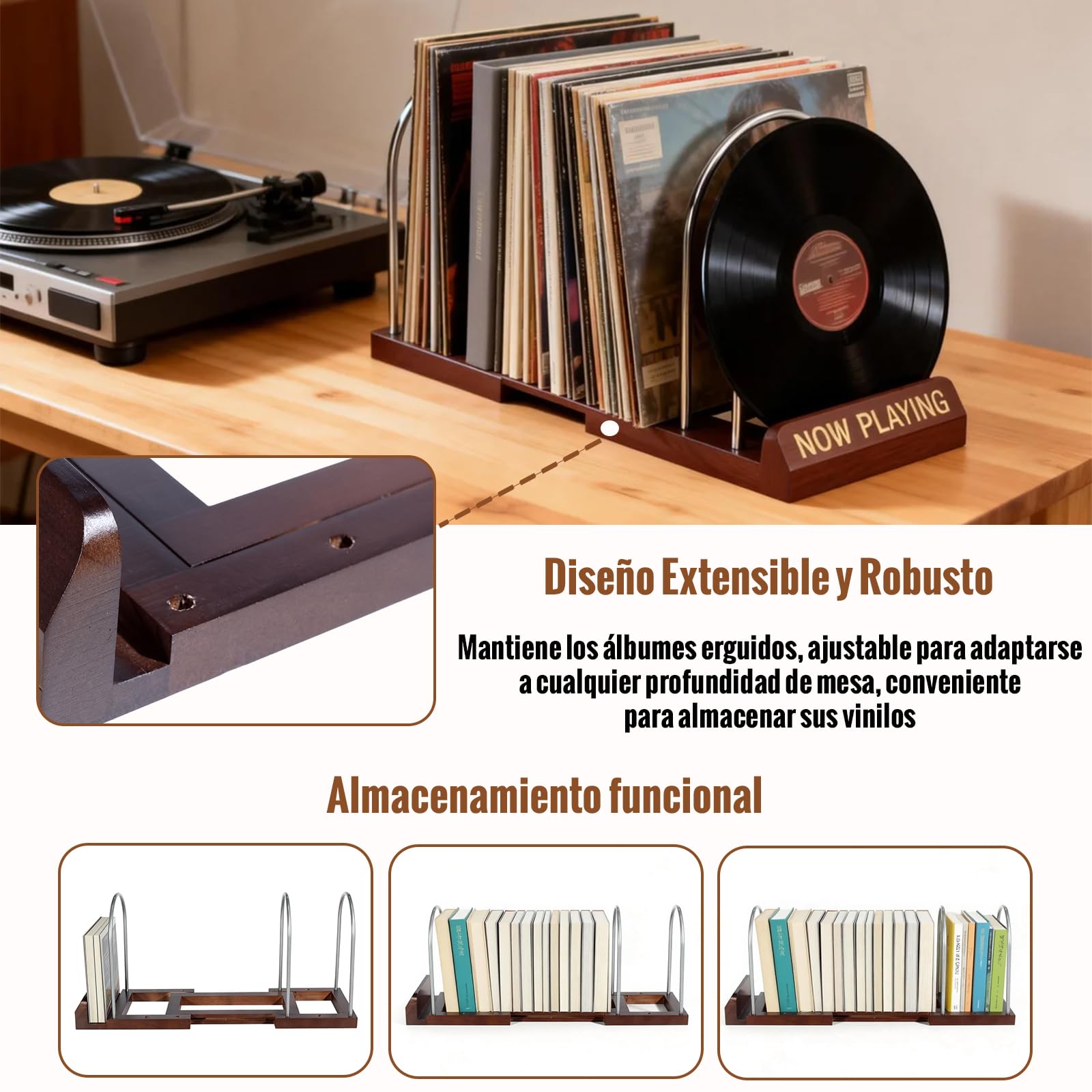 Now Playing Vinyl Stand, Soporte Vinilos Ajustable para 30-70 LP, Compacto y Estable