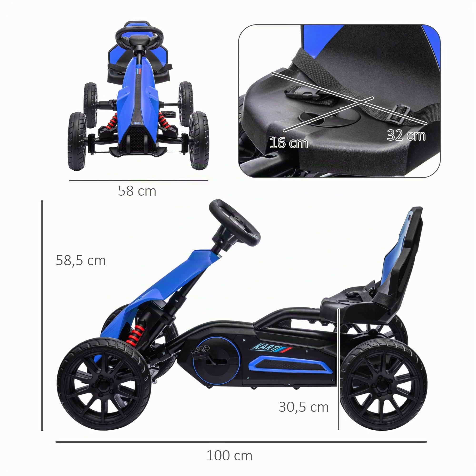 HOMCOM Kart pédales Enfant Voiture Course siège réglable Frein Main Bleu