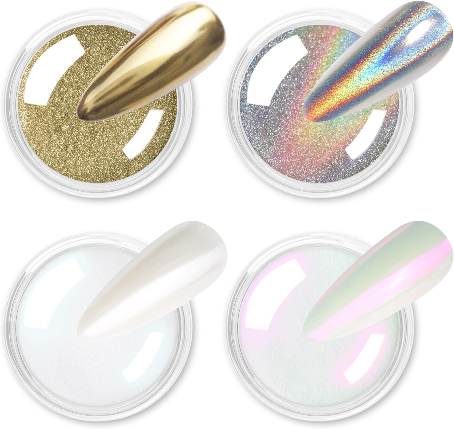 Allstarry Chrome Nail Powder — 4 Pieces White Pearl Chrome Pigment Powder Iridescent Holographic Nail Glitter Dust — Metallic Mirror Effect Pigment for Nail Gel Manicure DIY at Home Salon Women Gifts