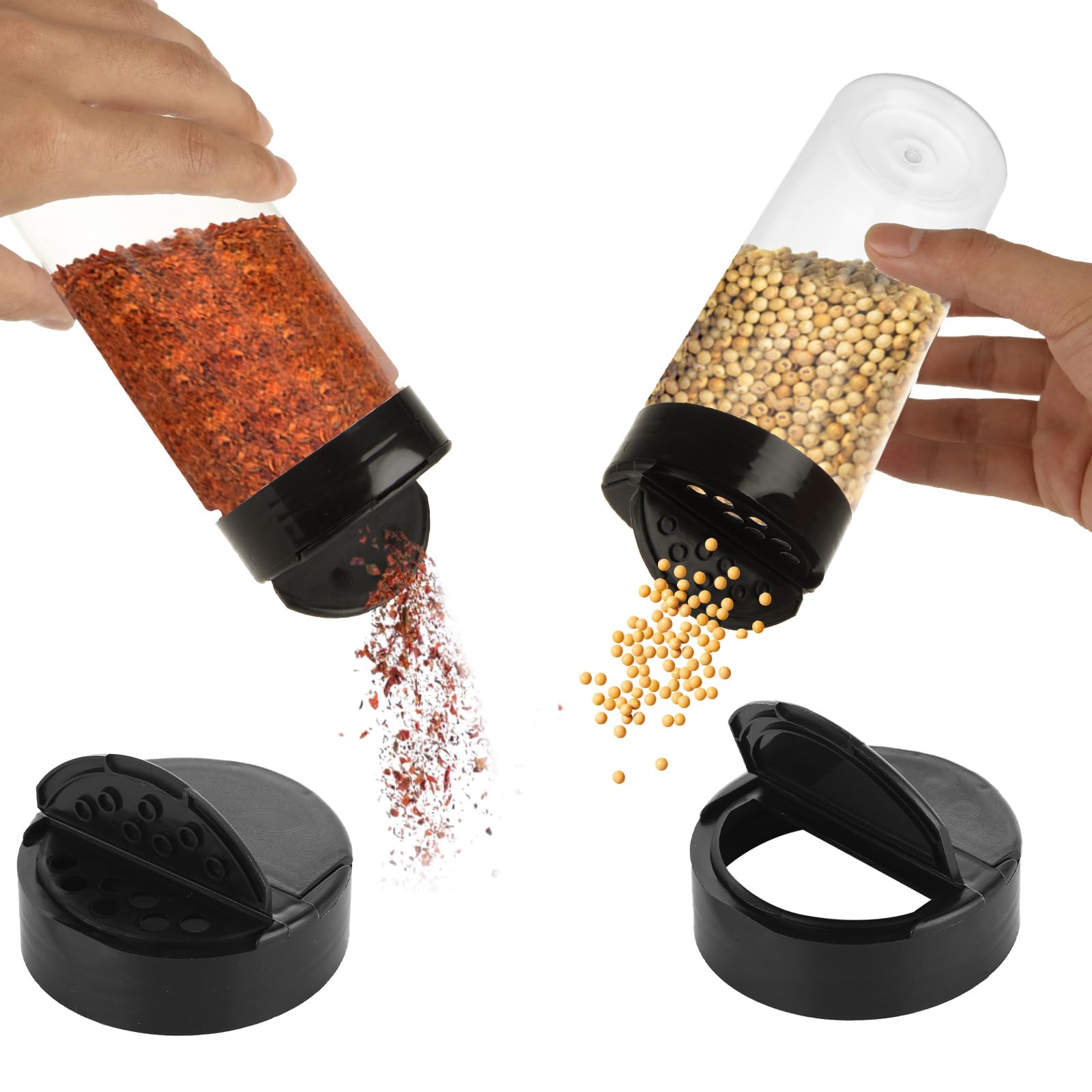Confezione da 12 barattoli per spezie in plastica trasparente da 453,6 g, contenitori per spezie con tappo nero, contenitori per condimenti con coperchio per conservare spezie, condimenti in