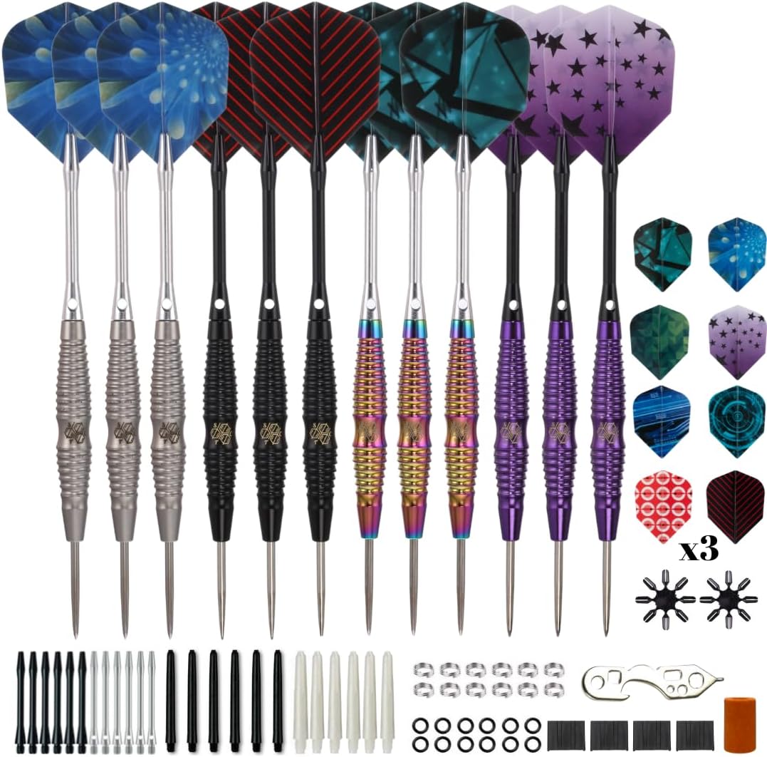 Darts Metal Tip Set - Steel Tip Darts Darts Set Professional Metal Darts 12 pcs 21 Grams Pro Dart Set with Rings Nylon Aluminum Shafts 24 Flights Darts Tool