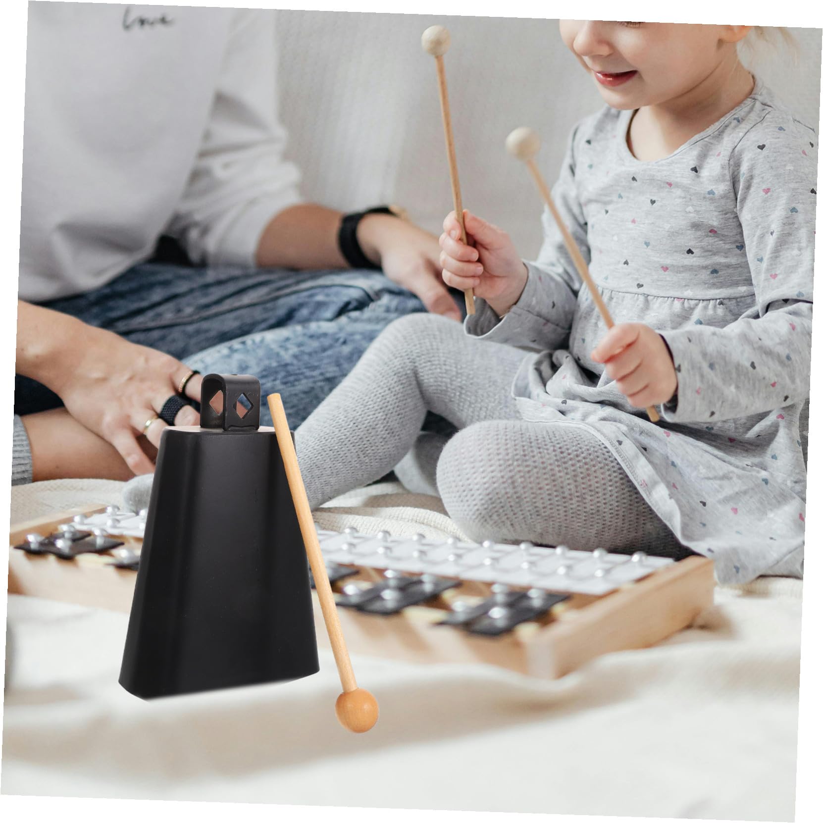 WOONEKY Cencerro de Metal Compacto para Percusión con Baqueta Instrumento Portátil para Eventos Deportivos y Práctica Musical para Principiantes y Desarrollo Rítmico Infantil