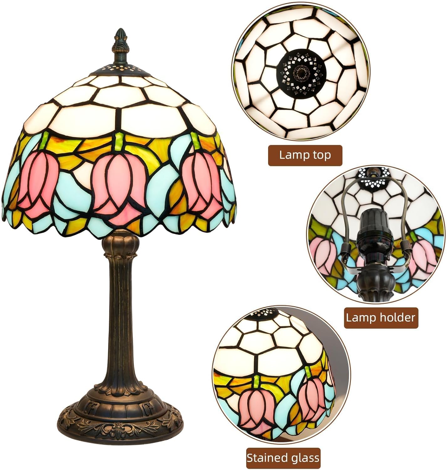 Tiffany Lamp Stained Glass lamp 8X8X14 Inches Small Bedside Table Lamps for Living Room Bedroom Dorm Kitchen Home Decor Festival Birthday Gift,8 inch Pink Tulip