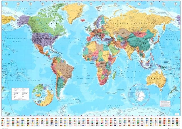 World Map - Timezones - Country Flags - Giant Poster - 100cm x 140cm