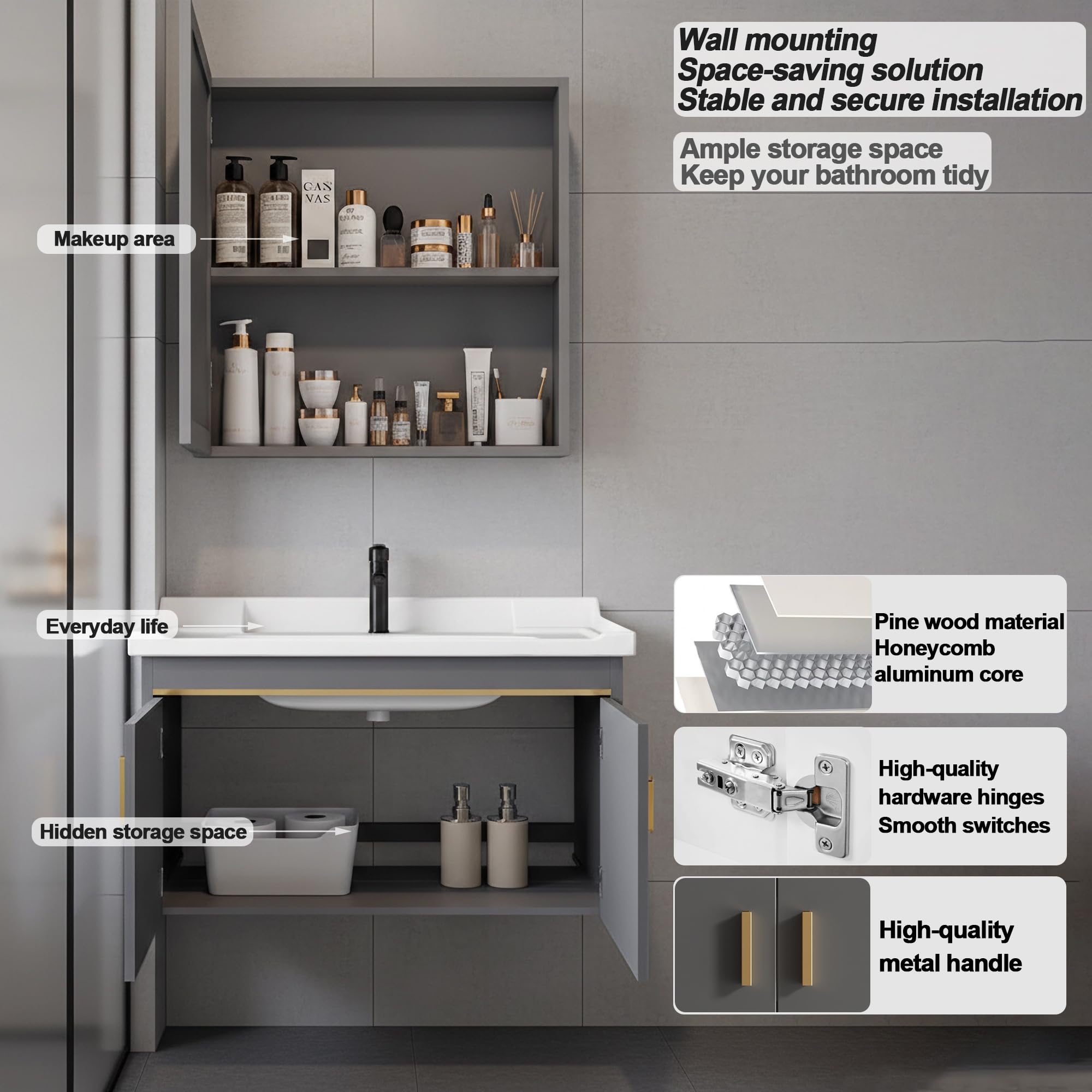 Set di mobili da bagno 60cm con lavabo e armadietto a specchio, mobiletto sottolavabo a parete in legno di pino, lavabo in ceramica con rubinetto e scarico, set di mobili da bagno per bagno (grigio
