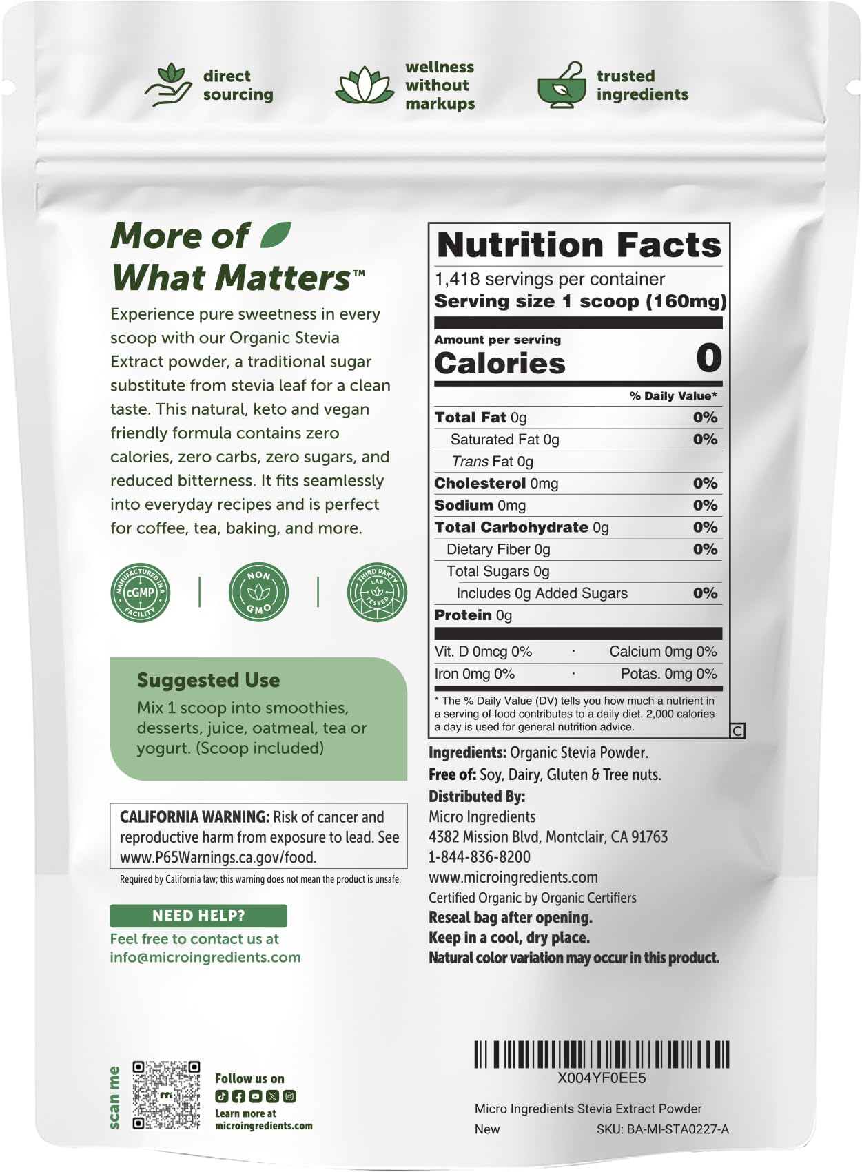 Micro Ingredients Pure Organic Stevia Extract Powder, 8 oz, No Additives — Amazon image 2