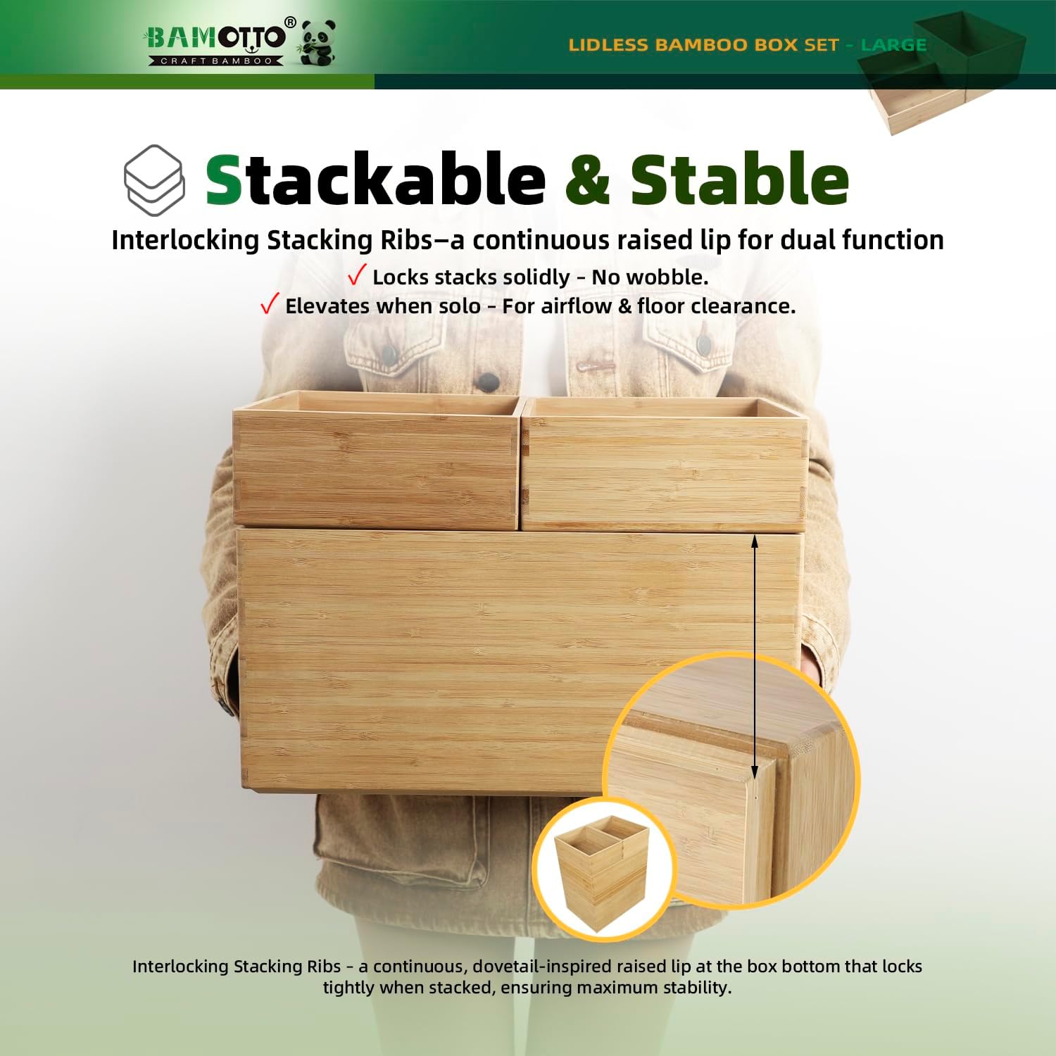 3-Piece Large Bamboo Storage Box Set - 7.1in High Stackable Deep-Drawer Organizer, Lidless Bamboo Bin for Kitchen Cutlery Utensils Knives (14.6"x10.2"x7.1"*1 + 10.2"x7.3"x3"*2) - Image 3