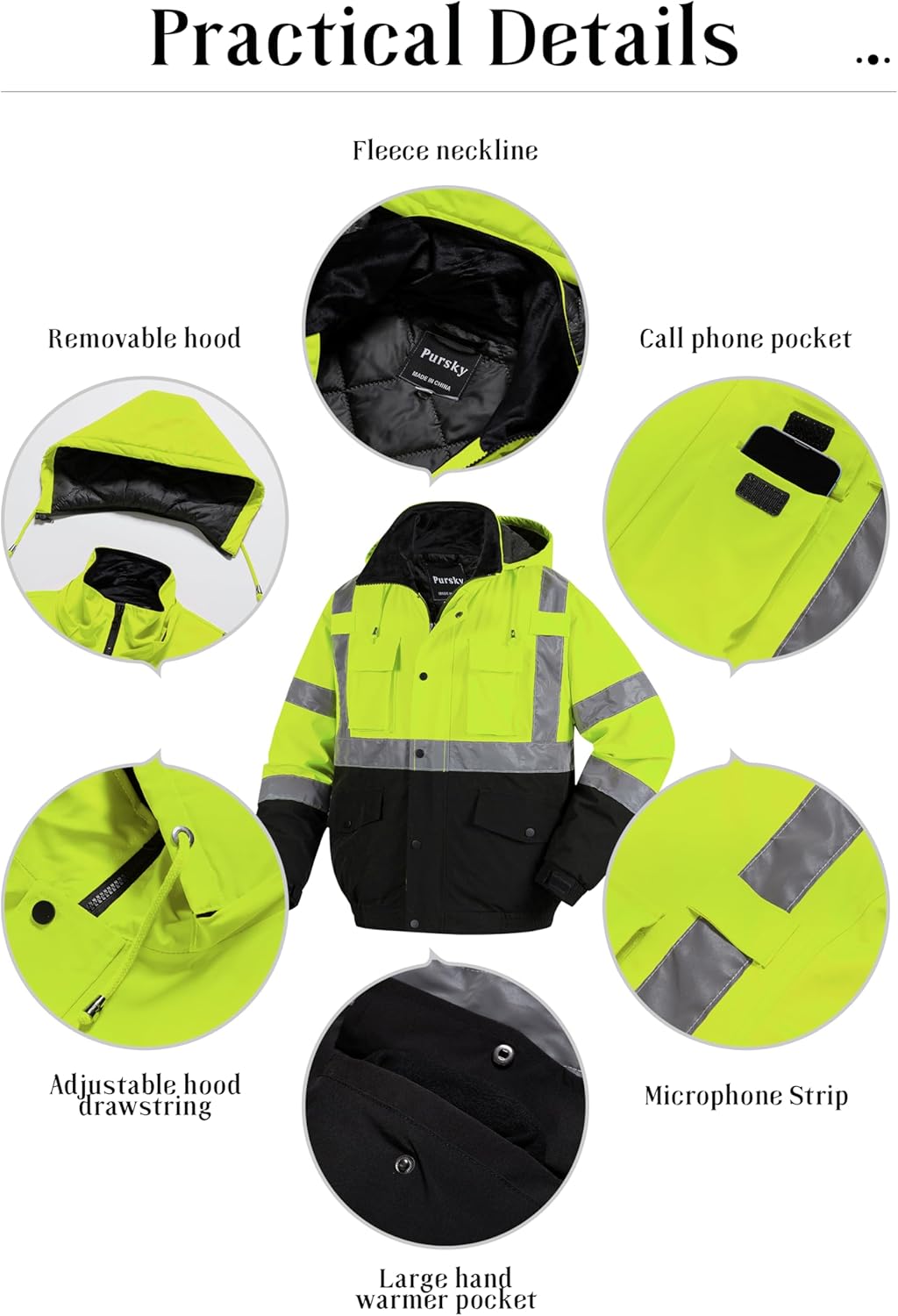 Pursky Men's High Visibility Jacket Reflective Winter Safety Jackets Waterproof Hi Vis Construction Work Coats With Hood - Image 5