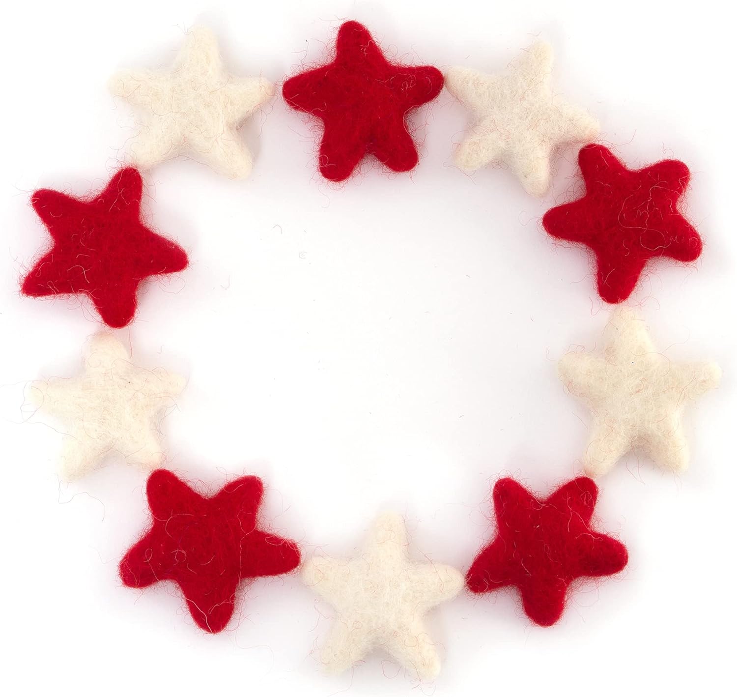 Glaciart One Red and White Felted Stars - Needle Felting & Essential Oils Ready - Handmade in Nepal, 100% Natural New Zealand Wool, for Art Projects, Garlands & Valentine’s Decor - 1.5”, Set of 10