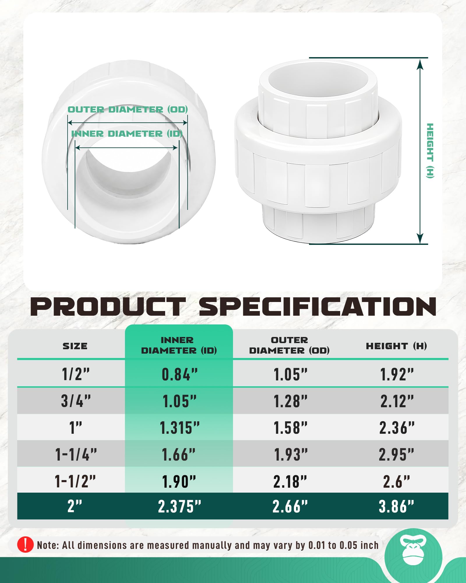 Raccordo per tubi in PVC da 5,1 cm (presa x presa), confezione da 10 raccordi per tubi resistenti per creazioni fai da te in PVC, adattatore di accoppiamento in PVC Schedule 40.