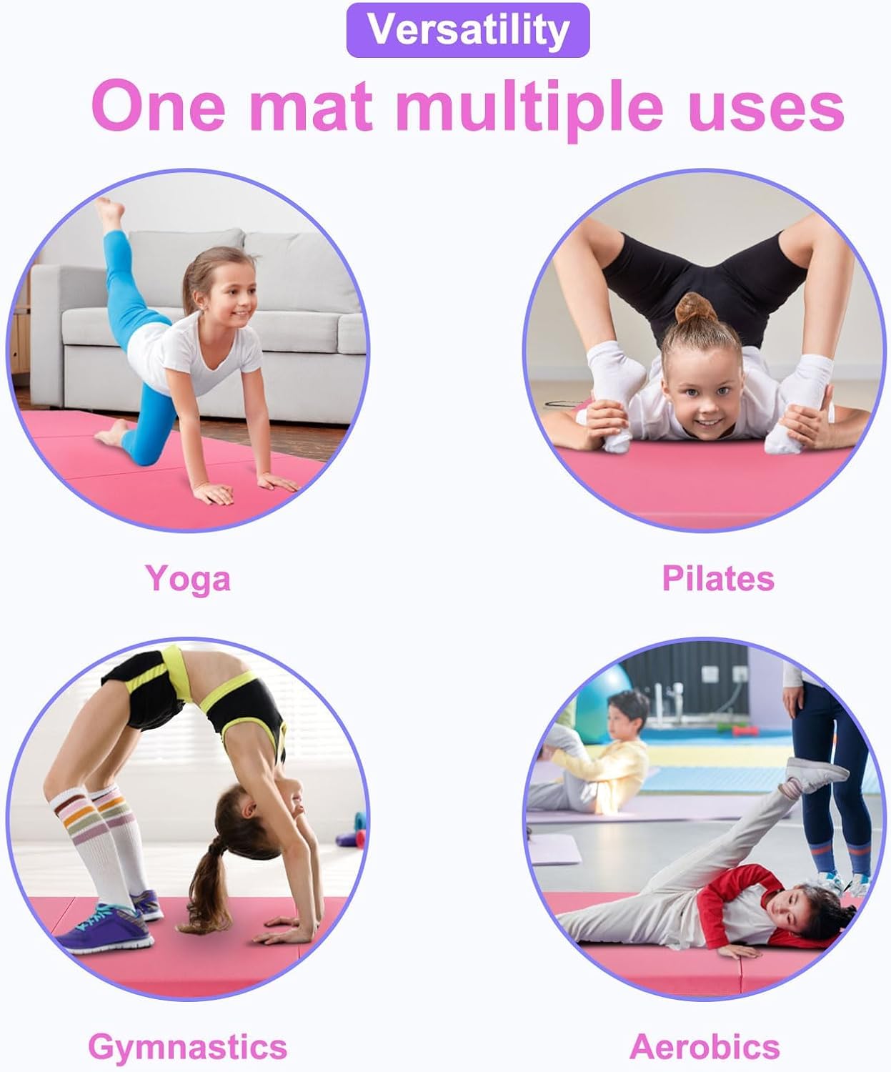 6'/8'/10' Foldable Gymnastics Mat with Carrying Handle, 2-Inch Thick Exercise Tumbling Mat for Kids, Home Exercise Fitness Mat for Aerobics, Yoga, Stretching, Blue and Pink.