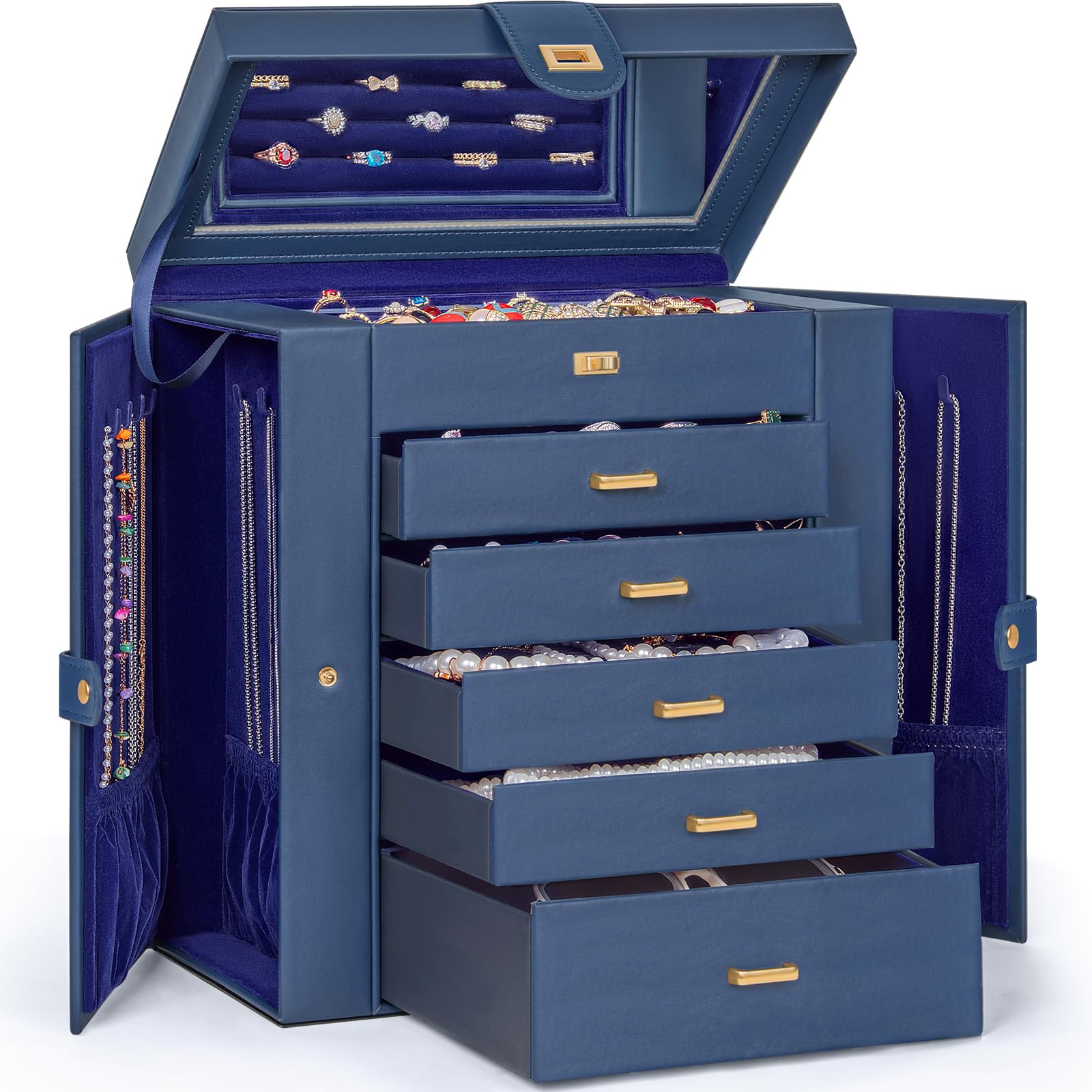 Photo 1 of AKOZLIN Extra Large 6-Tier Jewelry Box Organizer Functional Huge, 5 Drawers Leather Jewelry Storage Case for Women Girls Ring Necklace Earring Bracelet Holder Organizer with Mirror Blue