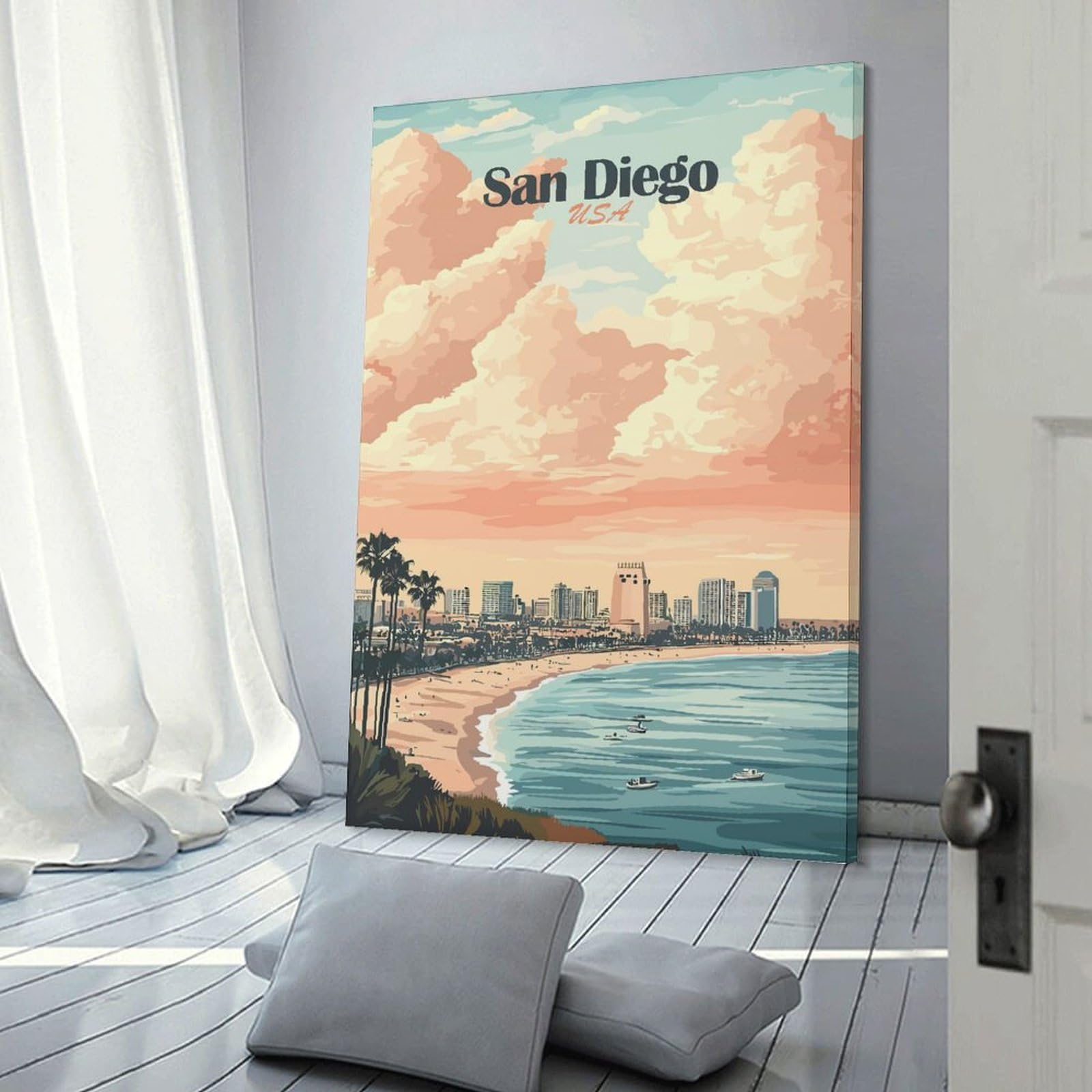 Junmoney Canvas Wall Art San Diego Skyline Sunset, 24x36inch(60x90cm), for Corridors, Hallways Or Apartment Entries, Decorative Canvas Styling for Entry Areas