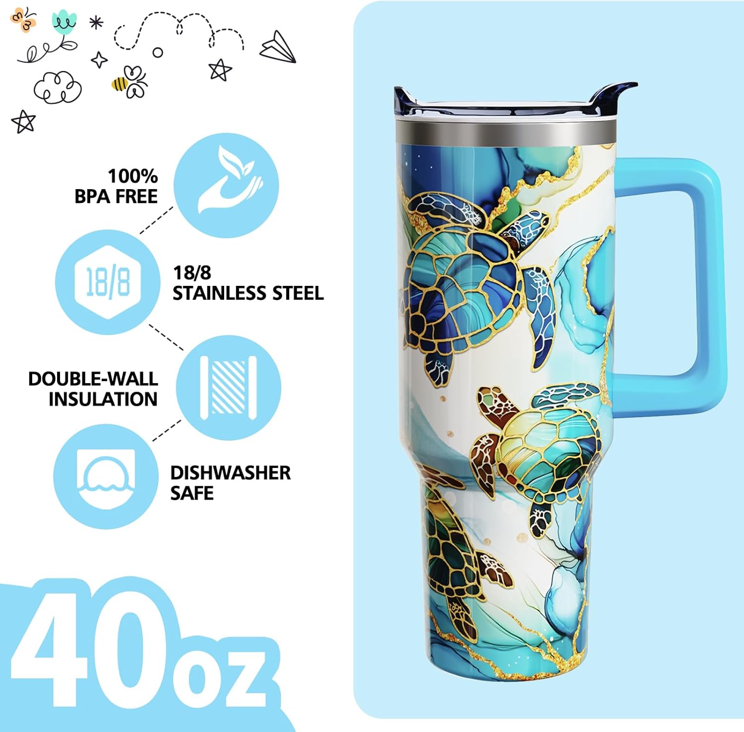 40 Oz Sea Turtle Tumbler with Handle and Lid Straw, Blue Marble Stainless Steel Travel Cups, Turtle Lover Gifts for Women Men (1PC) - Image 4