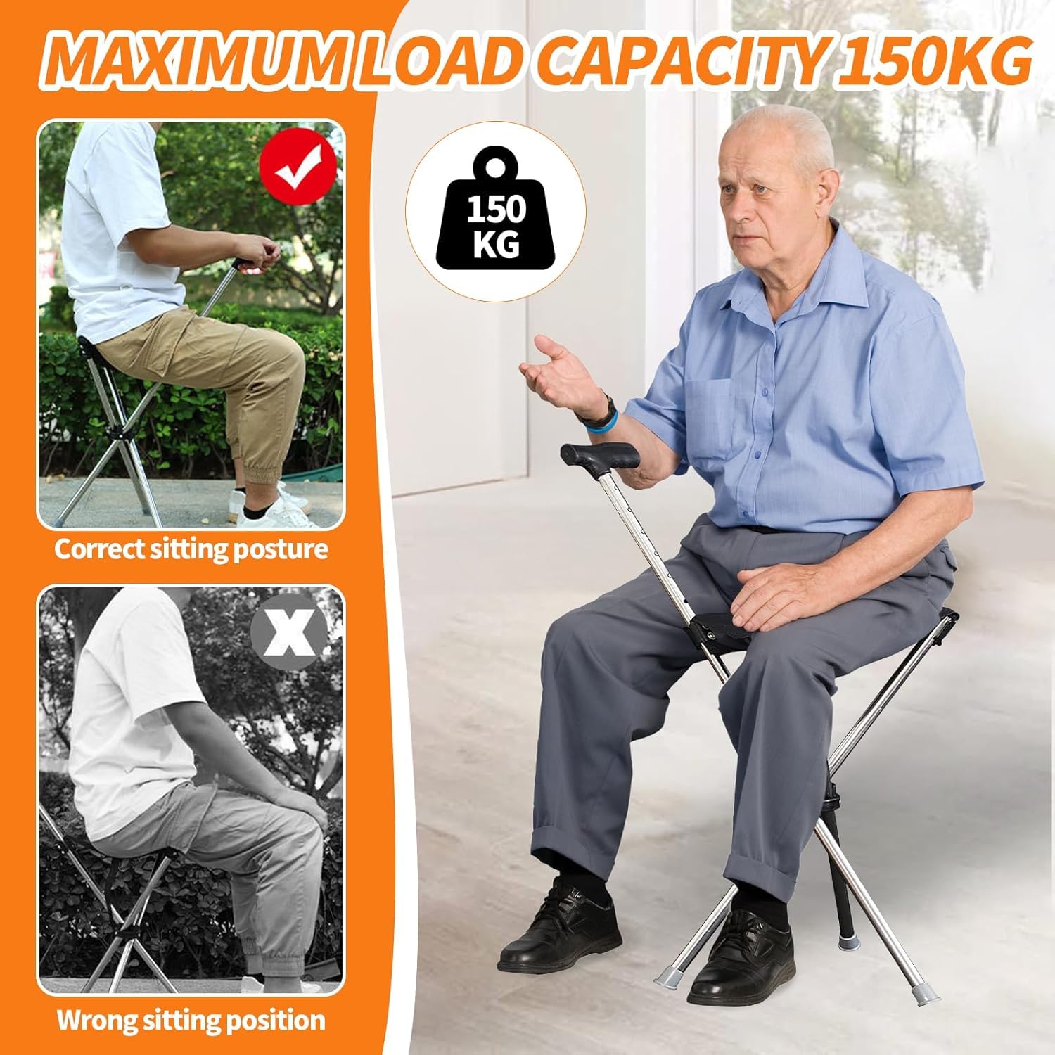 Laska z siedziskiem regulowana 80-90 cm składana dla seniorów 140-190 cm nośność 150 kg