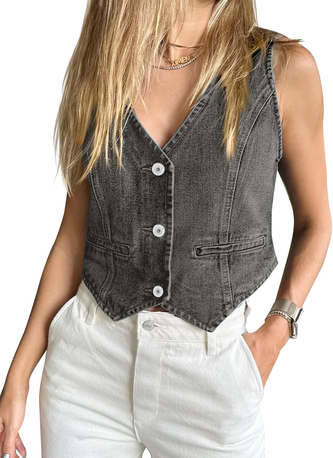 Imily Bela Womens Denim Vest Sleeveless V Neck Button Down Jean Waistcoat Jacket Y2K Summer Crop Tops