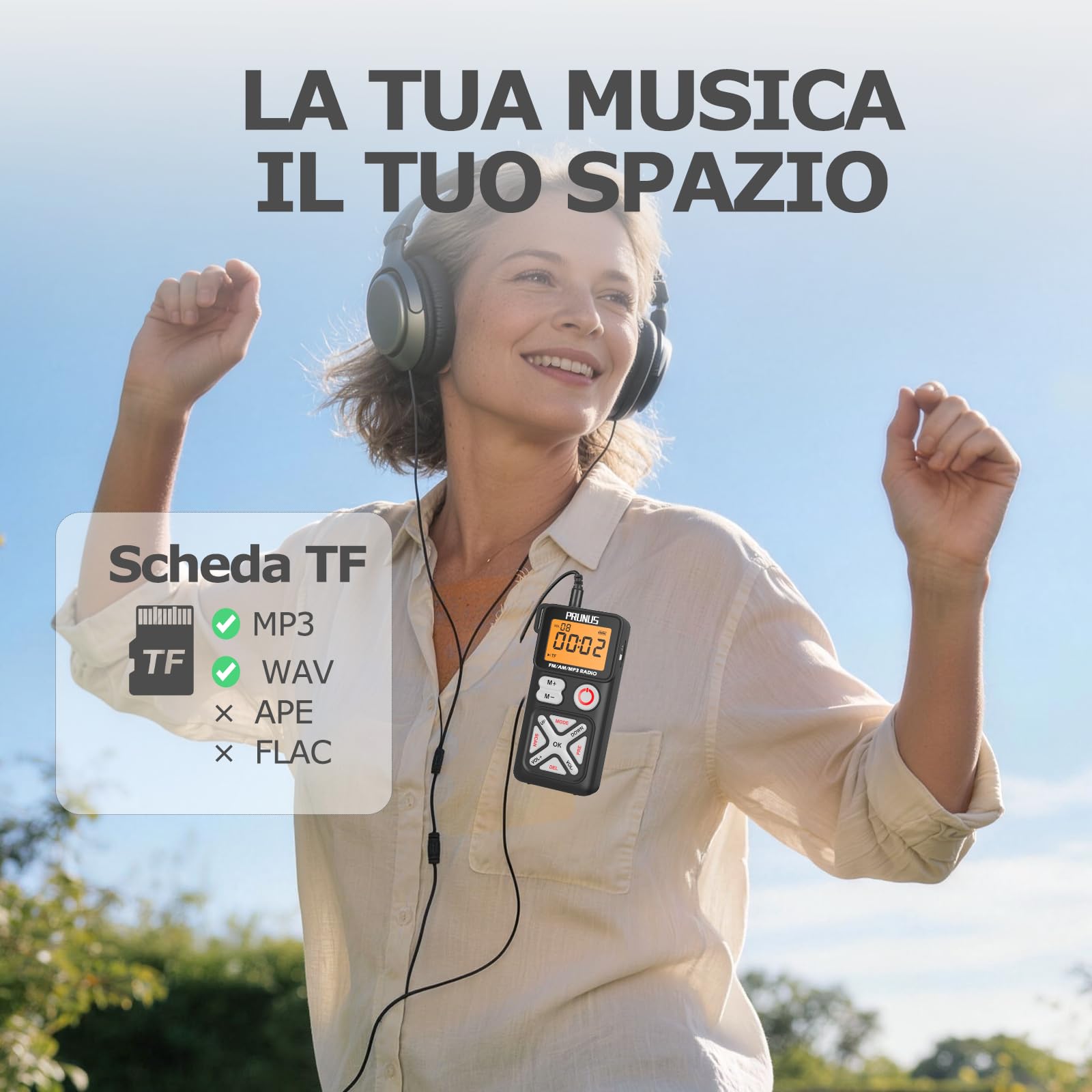 PRUNUS J-988 Mini Radio Portatile AM/FM, Radiolina Ricaricabile con Display LCD, Cuffie e Clip, Radio Tascabile con Supporto TF per Pesca, Corsa e Camminate.