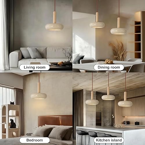 Miniatura 5 de Lámpara colgante de estilo japonés Wabi-sabi con pantalla redonda de piedra natural, lámpara de madera nórdica, lámpara de noche para dormitorio, 12