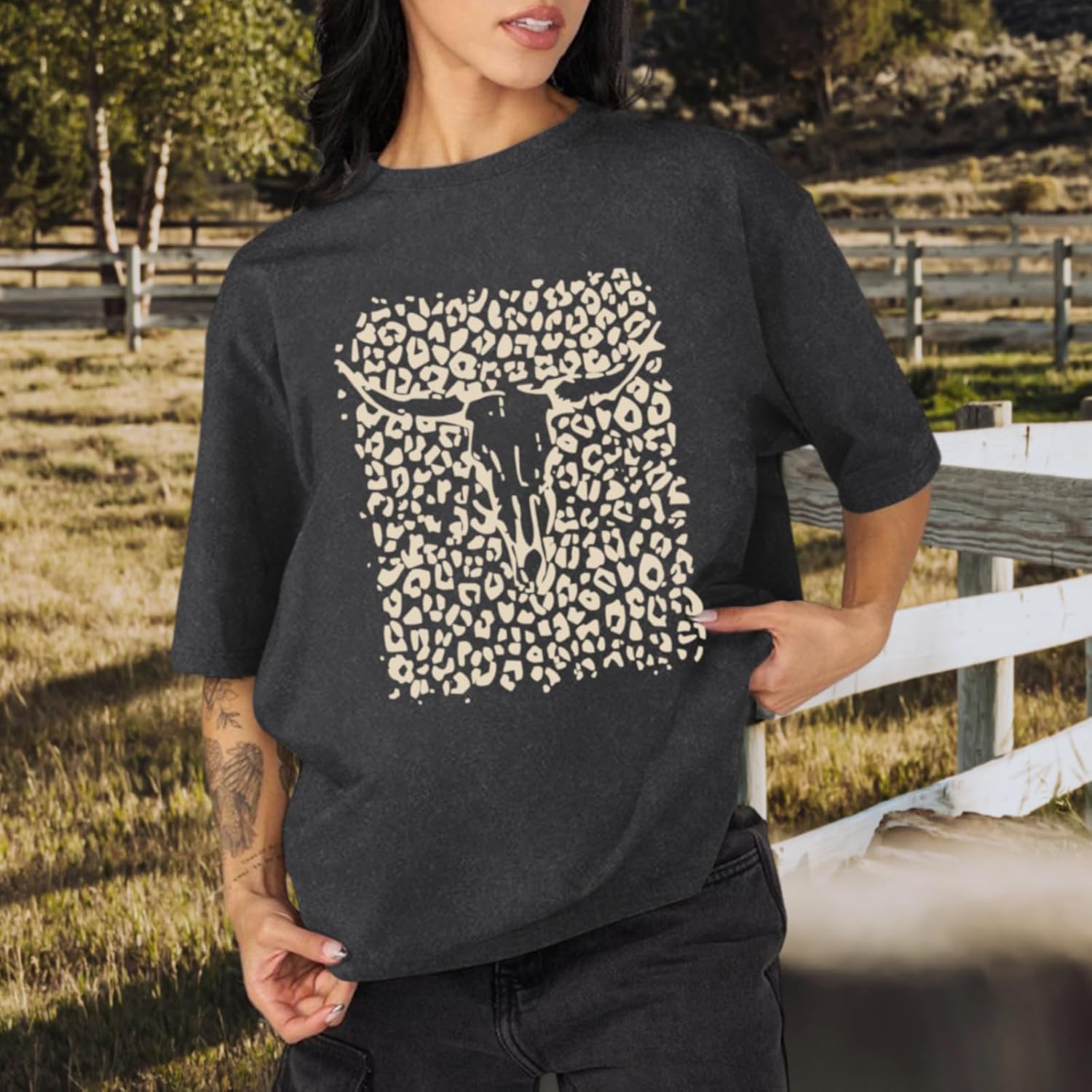 Western Cow Skull Shirts for Women Boho Cowgirl Shirt Vintage Acid Wash Tshirt Oversize Rodeo Graphic Tee Country Top - Image 3