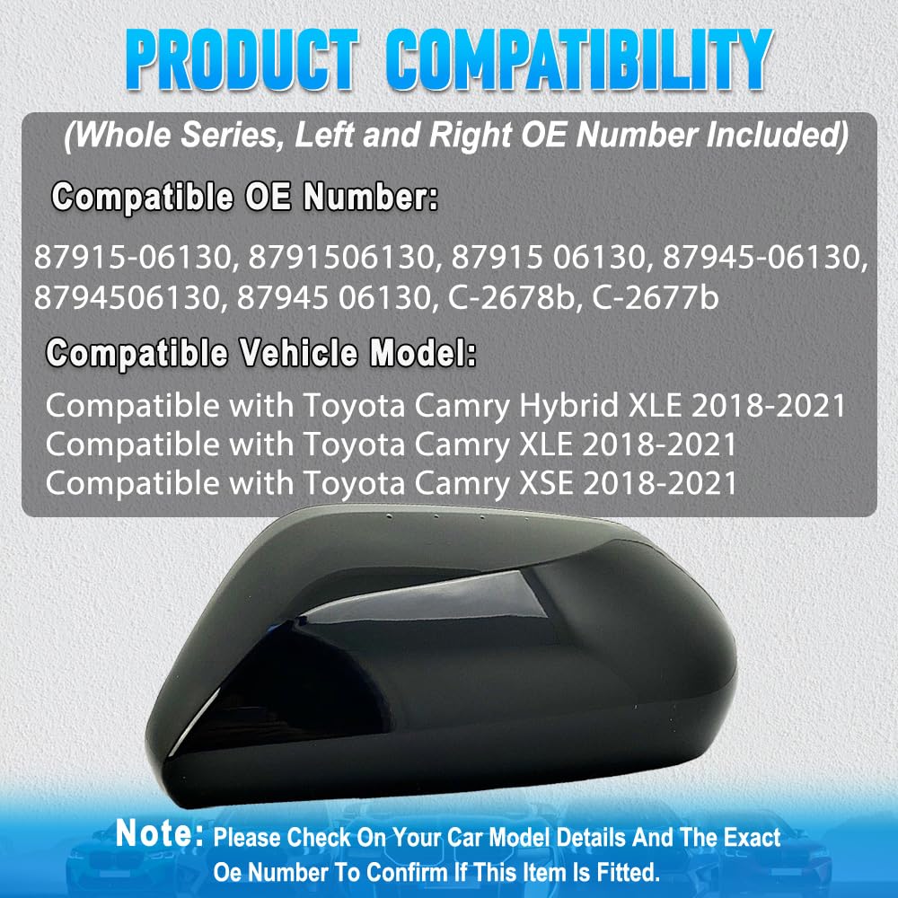 Baceyong 1 coque de rétroviseur compatible avec Toyota Camry Hybrid XLE, XLE, XSE 2018-2021, numéro de pièce 87915-06130, 8791506130, 87945-06130, 8794506130, C-2678b, C-2677b, noir gauche
