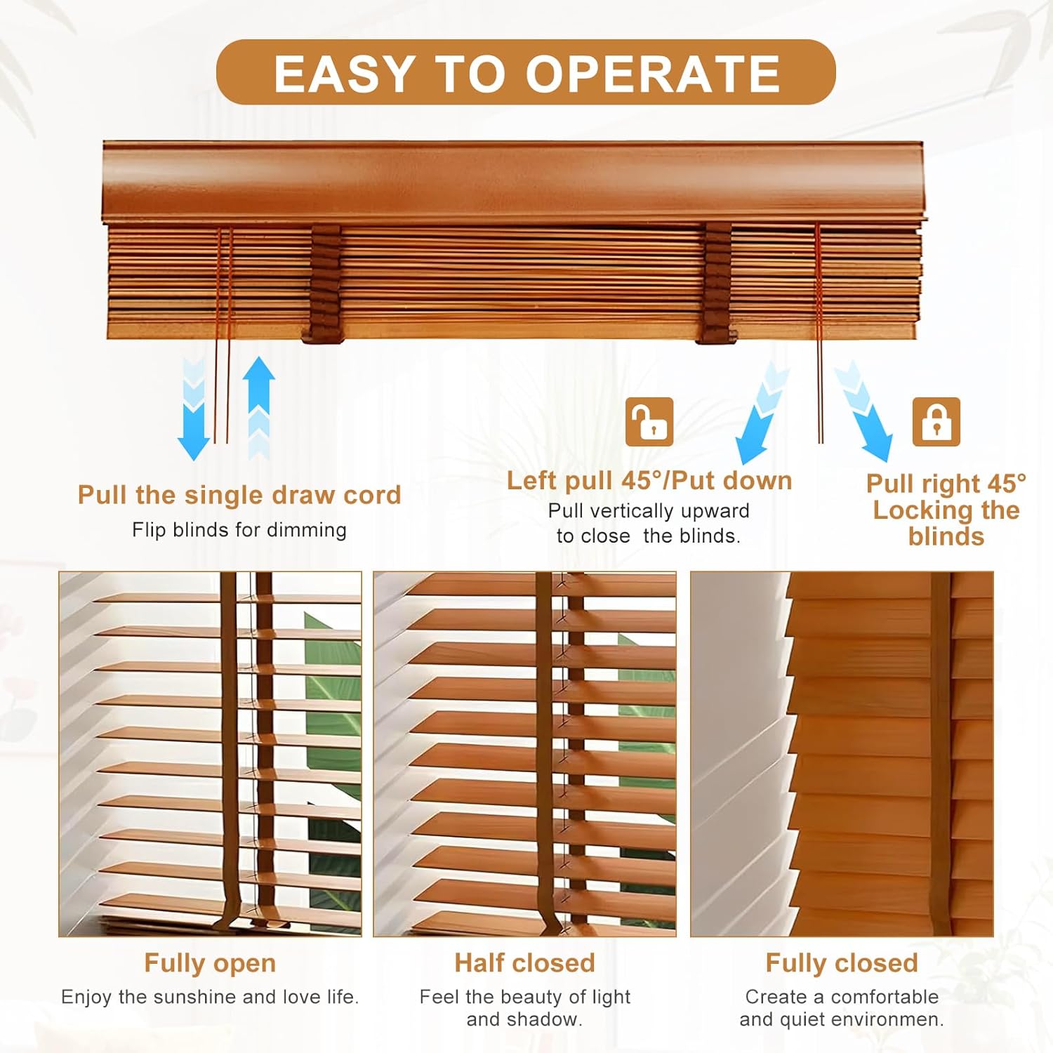 2" Slats Wood Blinds for Indoor Windows: Wooden Blackout Blinds & Shades,Custom Size Privacy Horizontal Blinds for Home Bedroom Bathroom Living Room Windows 32" 40" 48" 60" 64" 70'' (Brown 24"WX48"H)