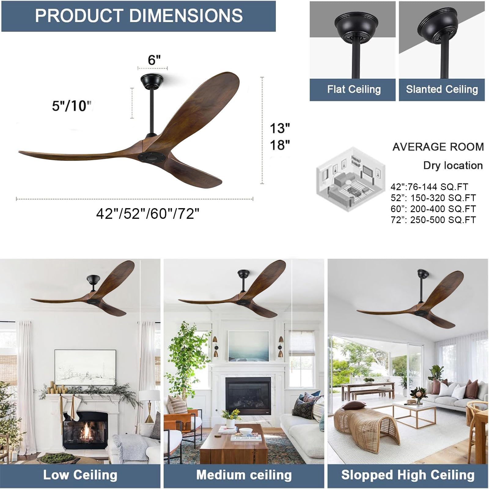 Madera Ventilador De Techo Madera Sin Luz Con Mando A Distancia, 152 Cm, Interior y Exterior Ventlador De Teho De HéLice De Techo, Ultra Silencioso Función Verano-Invierno Alto flujo de aire