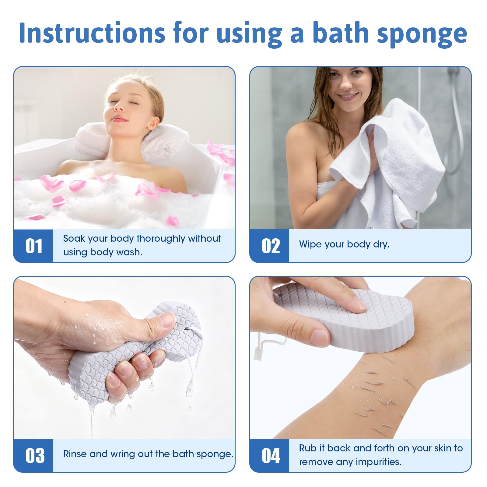 Gąbka do kąpieli peelingująca, 4 sztuki, ultra miękka gąbka do kąpieli, delikatny peeling, z rękawiczkami kąpielowymi i 4 haczykami, peeling wielokrotnego użytku, dla dorosłych, dzieci i kobiet