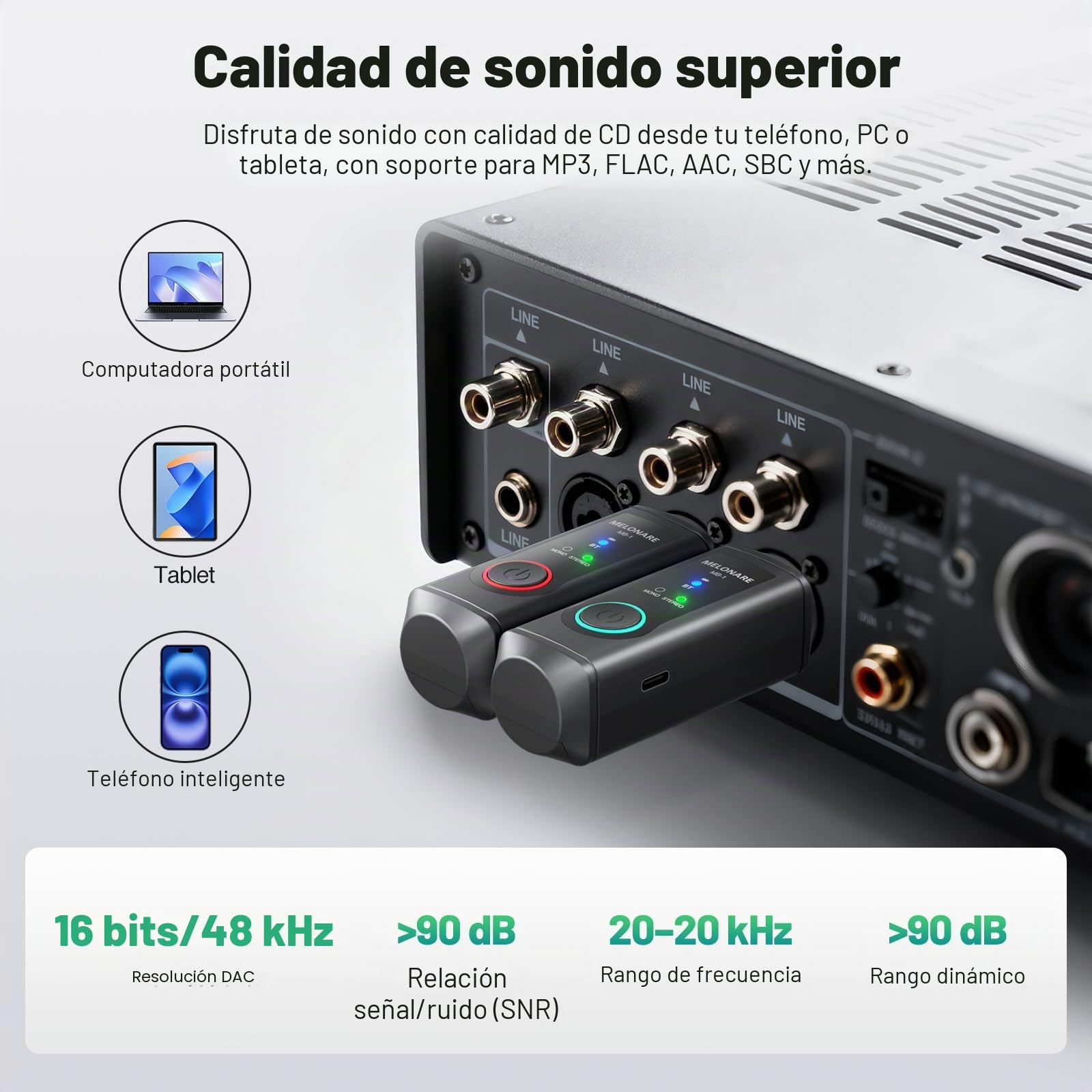 MELONARE Receptor Bluetooth XLR BT 5.3 Mono/Estéreo 15 h MB-1 | Batería 15 h, audio Hi-Fi, alcance 150 ft, adaptador Bluetooth para altavoces, PA, mezcladores, DJ