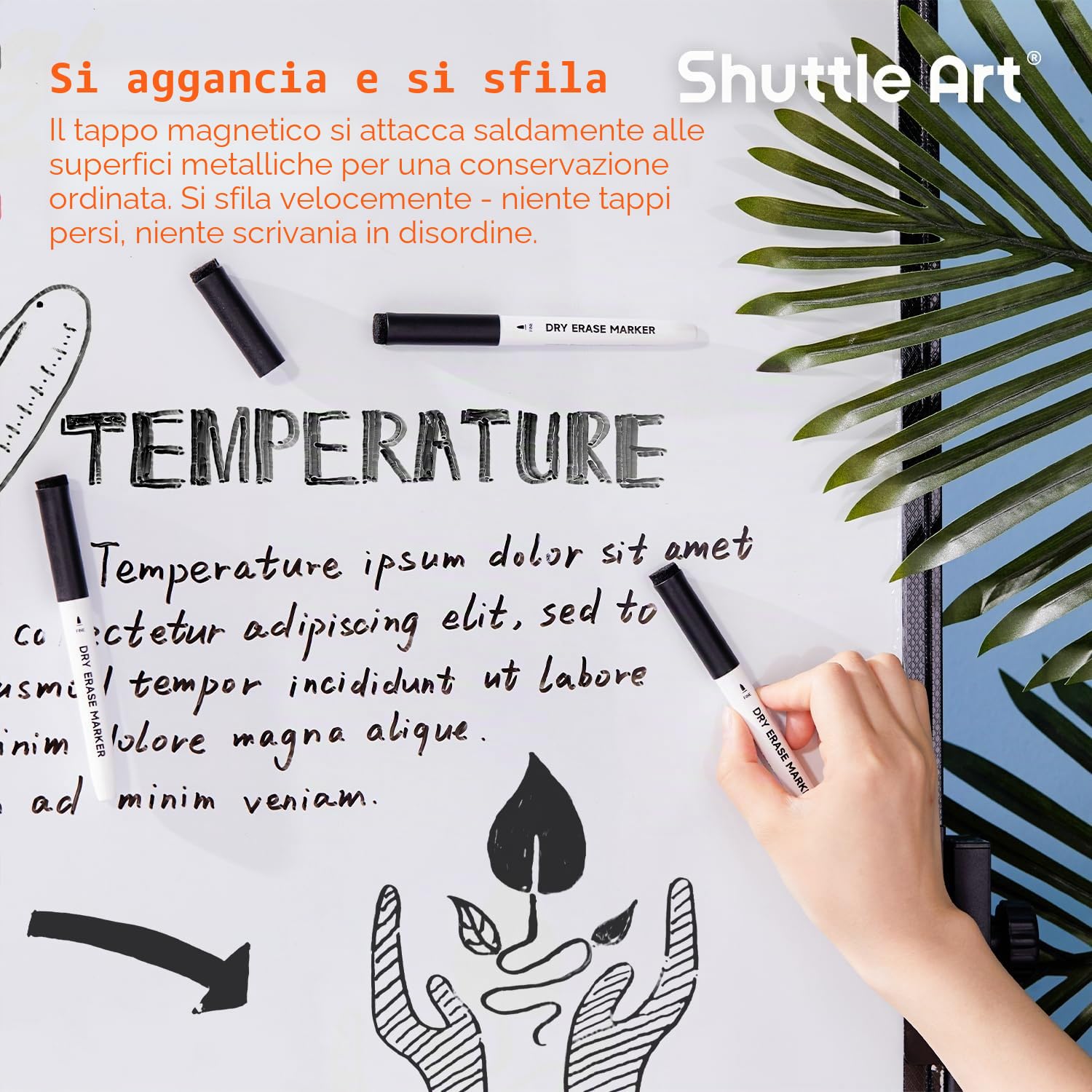 Shuttle Art Pennarelli Lavagna Bianca Cancellabili Punta Fine, 15 Neri, Pennarello Bianco Secco per Scritte Ufficio Casa