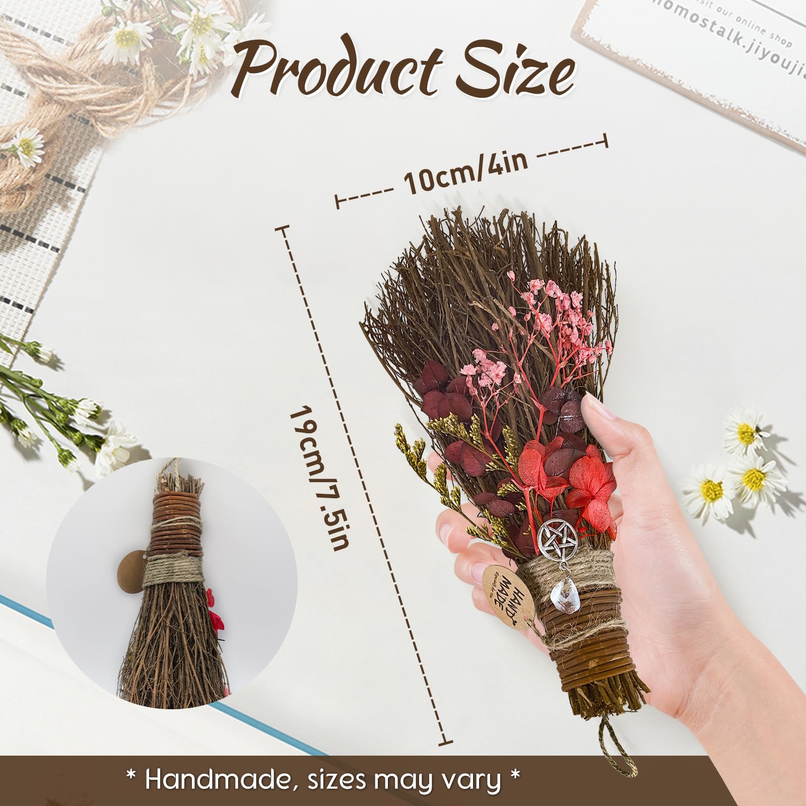 Miotła cynamonowa 19 cm, mini miotła czarownicy Boże Narodzenie, do majsterkowania, dekoracyjna miotła z suszonymi kwiatami, wicca, miotła, czarownica, akcesoria na magiczne ceremonie, Halloween