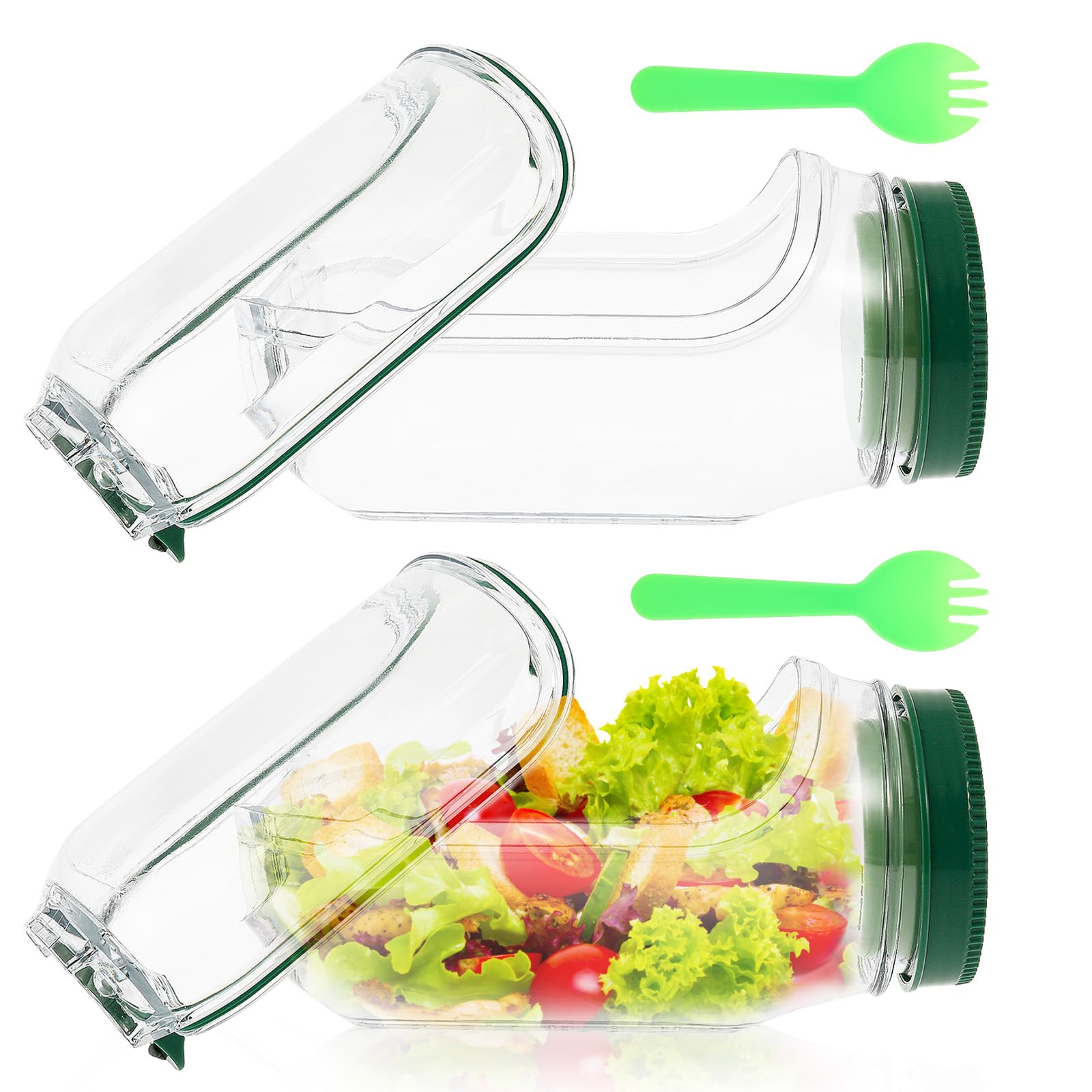 VAVPUP Original Salad Pod - 700ML Side Open Design with Leakproof Dressing Container,Microwave/Dishwasher/Freezer Safe for Meal Prep & Travel,Ideal for Home,Outdoor & Party Use (2pcs-Green+fork)