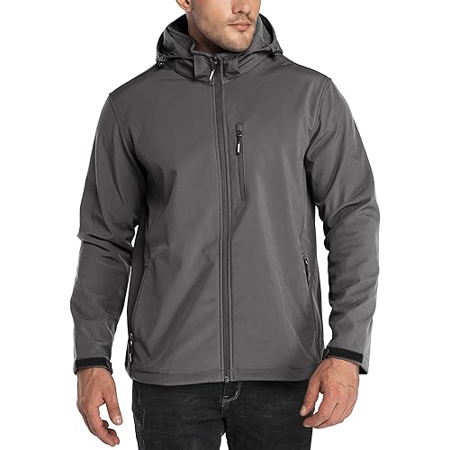Outdoor Ventures Men's Lightweight Softshell Jacket Fleece Lined Hooded Water Resistant Winter Hiking Windbreaker Jackets