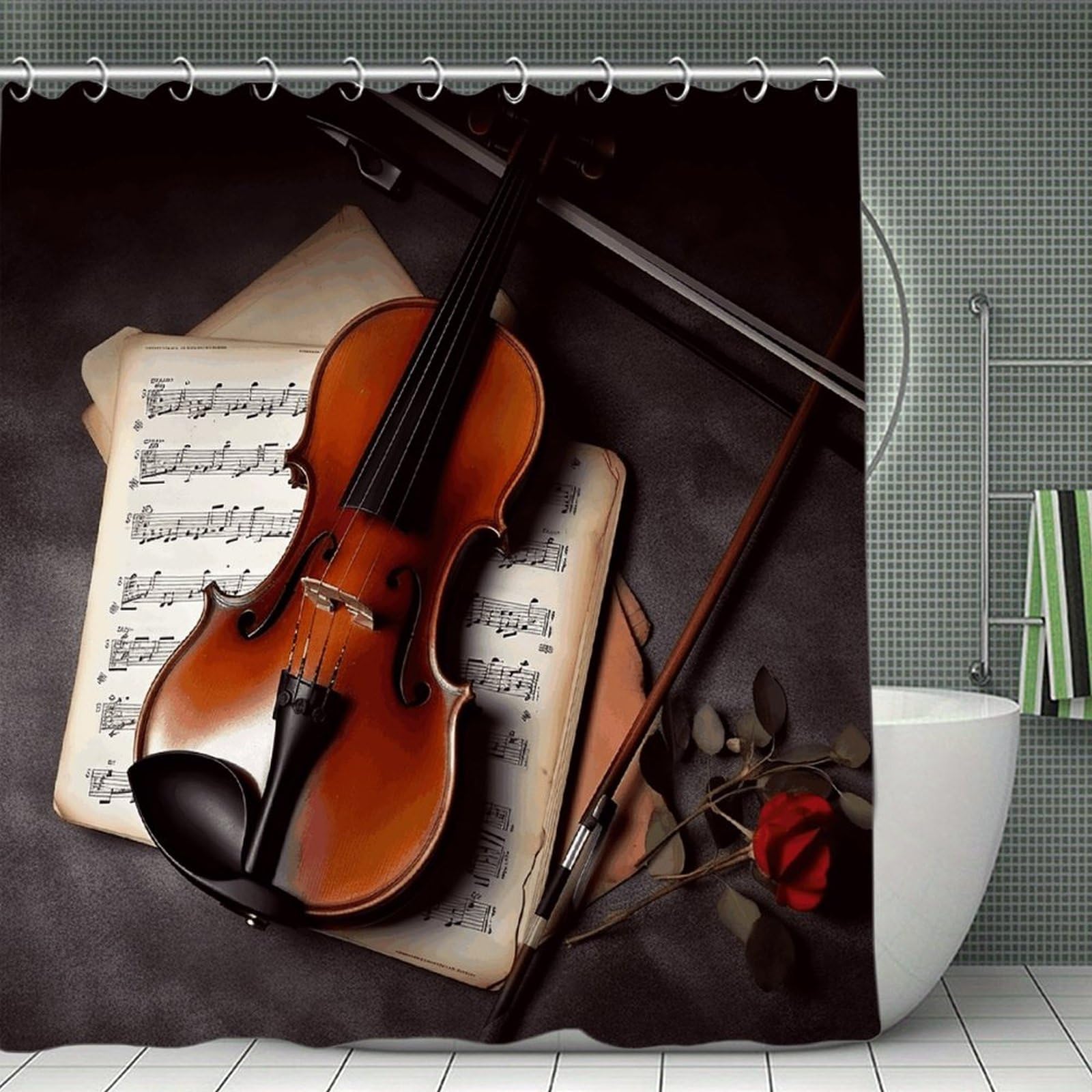 VstaDank Violin Sheet Music Bath Curtain Elegant Heavy Duty Shower Curtains 70x70 in Rustic Farmhouse Cloth Shower Curtains Neutral Modern Bath Curtain for Bathroom