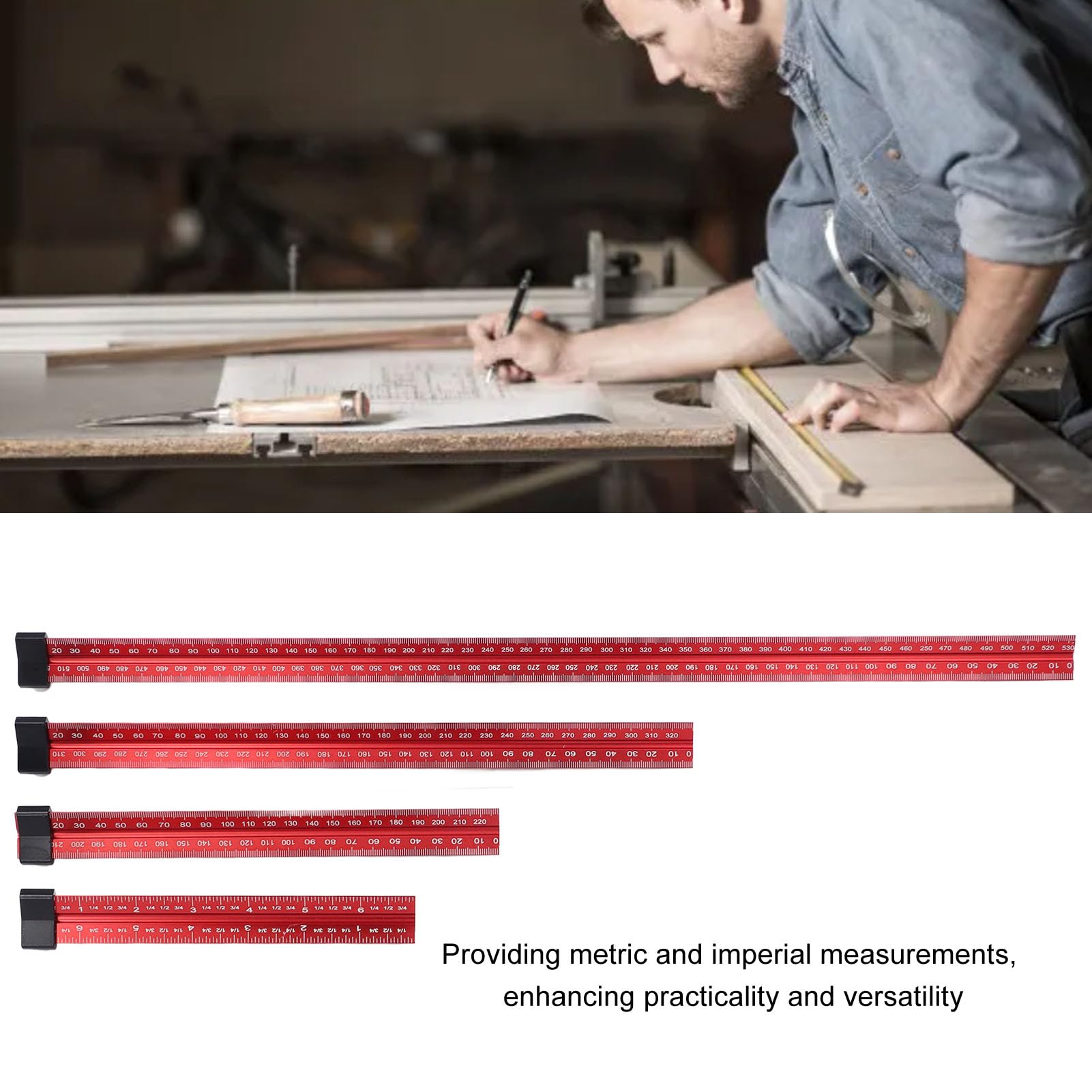 Set di 4 righelli per la lavorazione del legno con scale da 6 8 12 20 pollici - Strumento triangolare per architetti in lega di alluminio con marcature metriche e imperiali per la