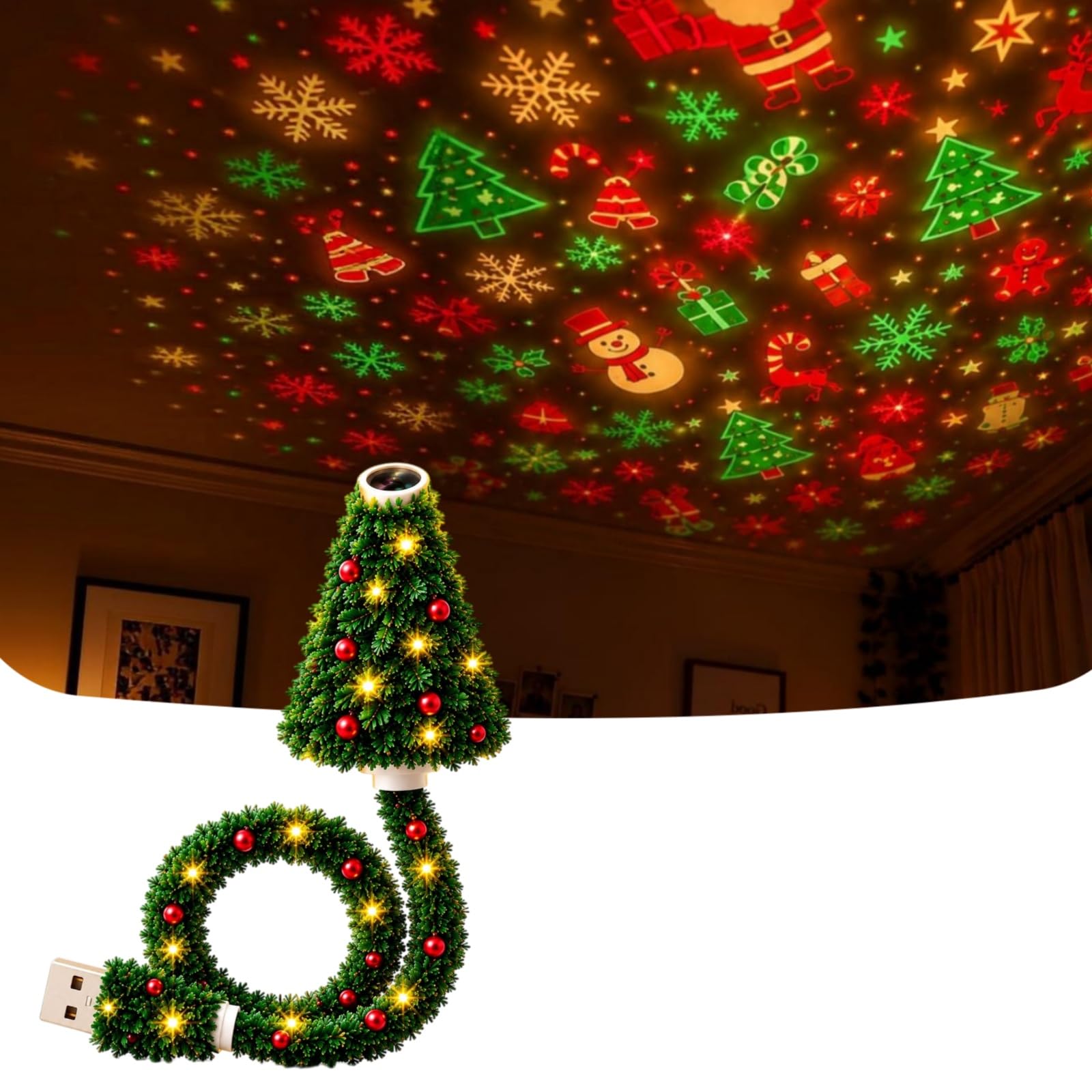 Plug and Play HD Christmas Tree Projector, USB Powered Christmas Night Light with 6 Holiday Patterns, Christmas Tree Design Plug in Ceiling Projector for Room Decor Holiday Party