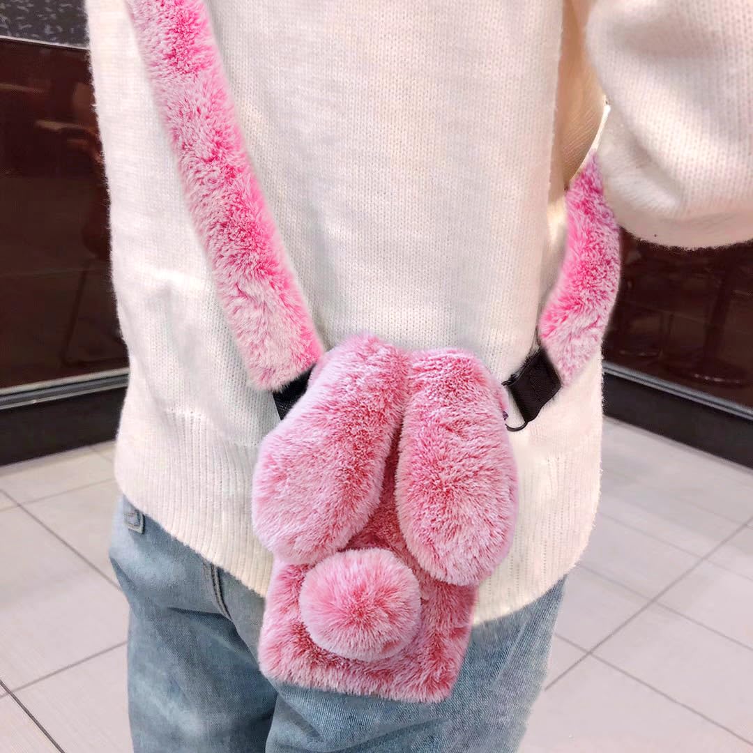 Omorro Compatible with iPhone 16 Pro Max Case for Women Girls Plush Rabbit Soft Warm Fluffy Furry Bunny Ear Fur with Crossbody Neck Chain Protective