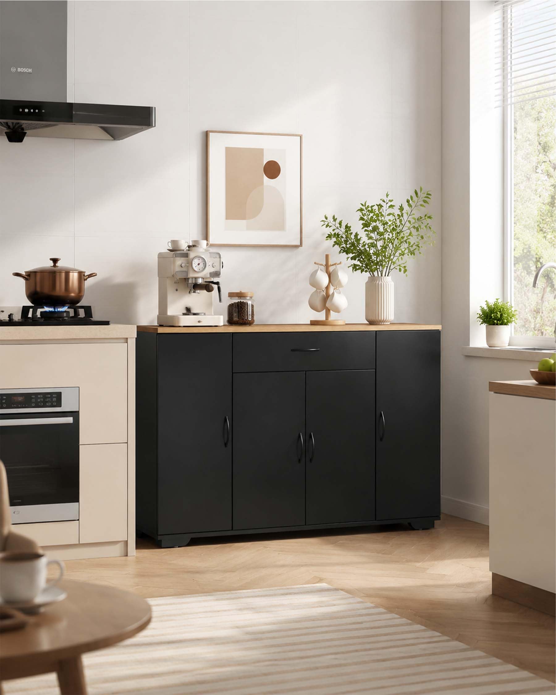 hitsuki Armoire de cuisine avec plan de travail, commode de cuisine, noire, 110 x 30 x 70 cm, avec tiroir et 4 portes, armoire de cuisine, buffet étroit avec espace de rangement, pour cuisine, salle à